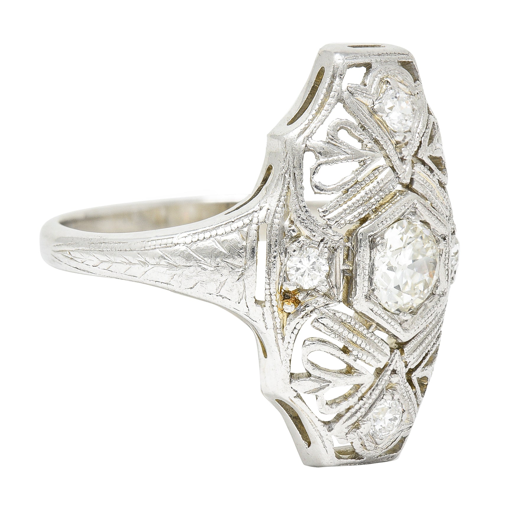 1950's Mid-Century Old European Cut Diamond 18 Karat White Gold Filigree Vintage Dinner Ring Wilson's Estate Jewelry