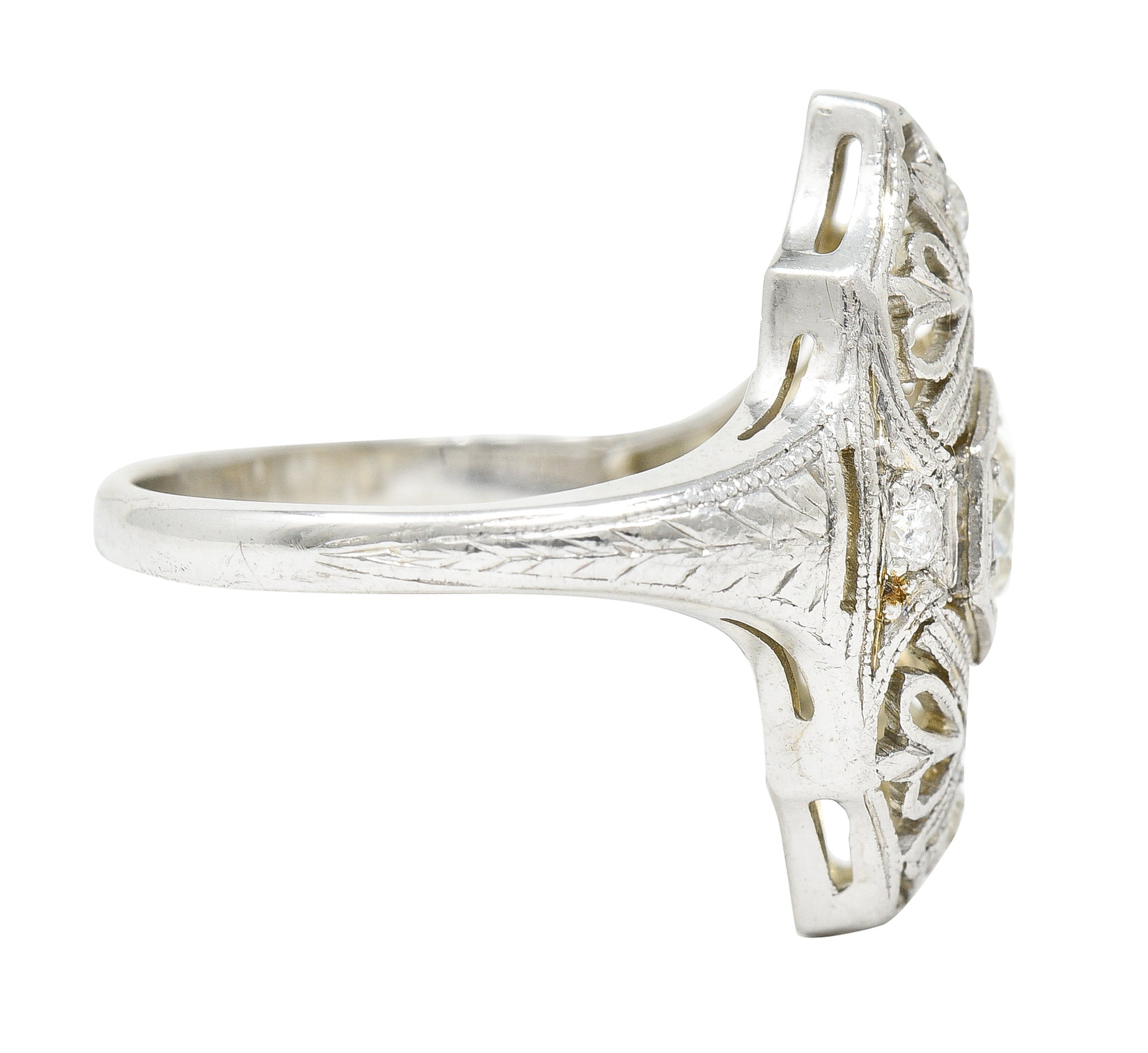 1950's Mid-Century Old European Cut Diamond 18 Karat White Gold Filigree Vintage Dinner Ring Wilson's Estate Jewelry