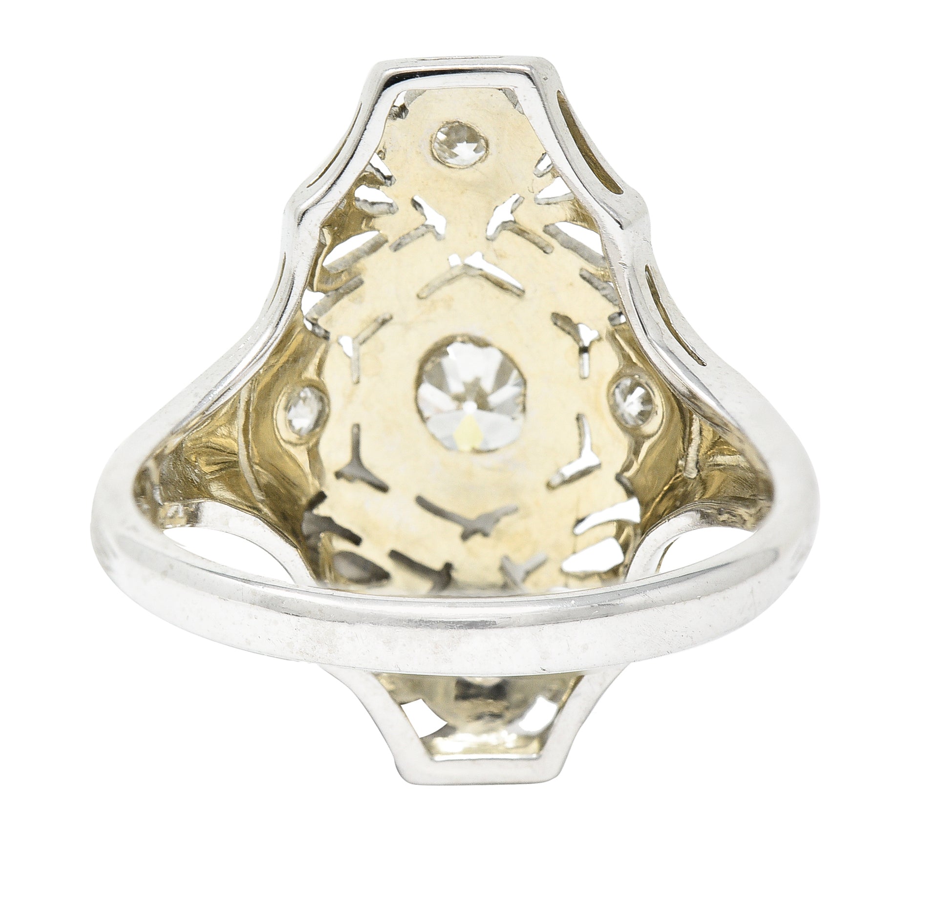 1950's Mid-Century Old European Cut Diamond 18 Karat White Gold Filigree Vintage Dinner Ring Wilson's Estate Jewelry