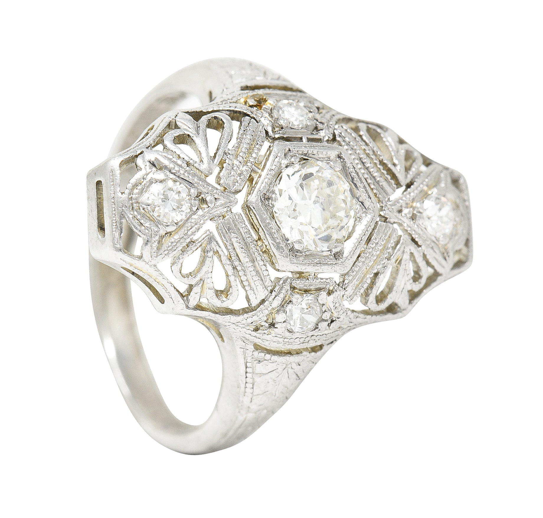 1950's Mid-Century Old European Cut Diamond 18 Karat White Gold Filigree Vintage Dinner Ring Wilson's Estate Jewelry