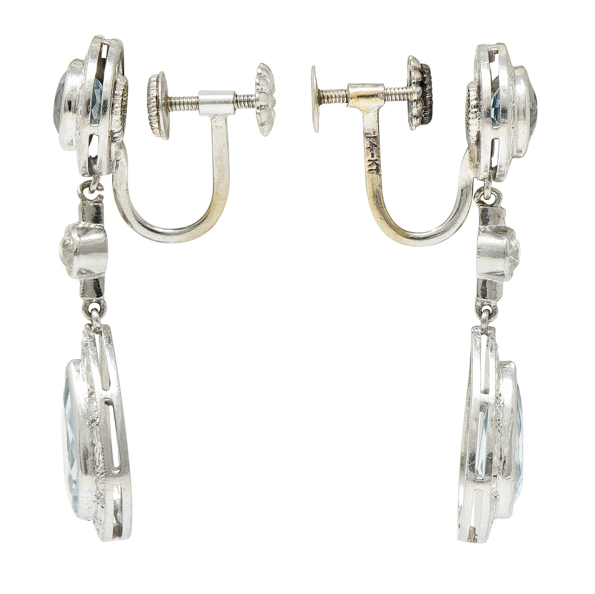 Art Deco Aquamarine Diamond Platinum Drop Screwback EarringsEarrings - Wilson's Estate Jewelry