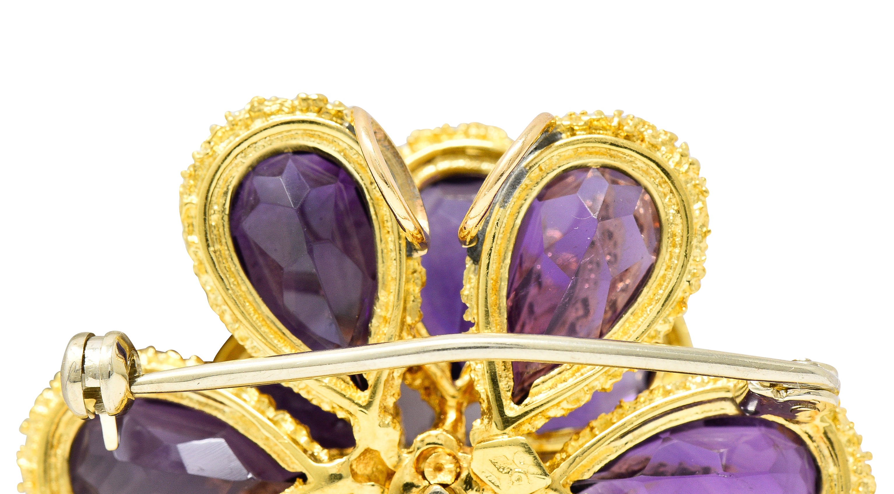 Vendorafa Lombardi 1960's Diamond Amethyst 18 Karat Two-Tone Gold Flower Vintage Pendant Brooch Wilson's Estate Jewelry