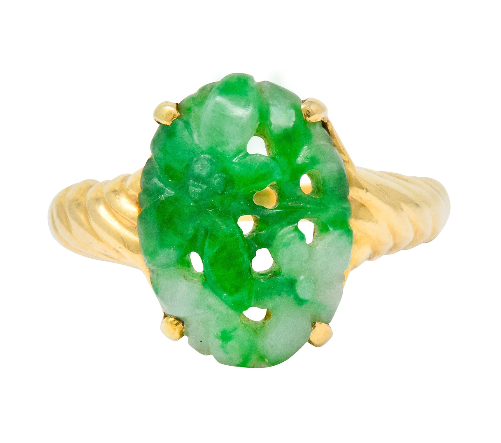 Tiffany & Co. Retro Carved Jade 14 Karat Gold Floral Ring - Wilson's Estate Jewelry