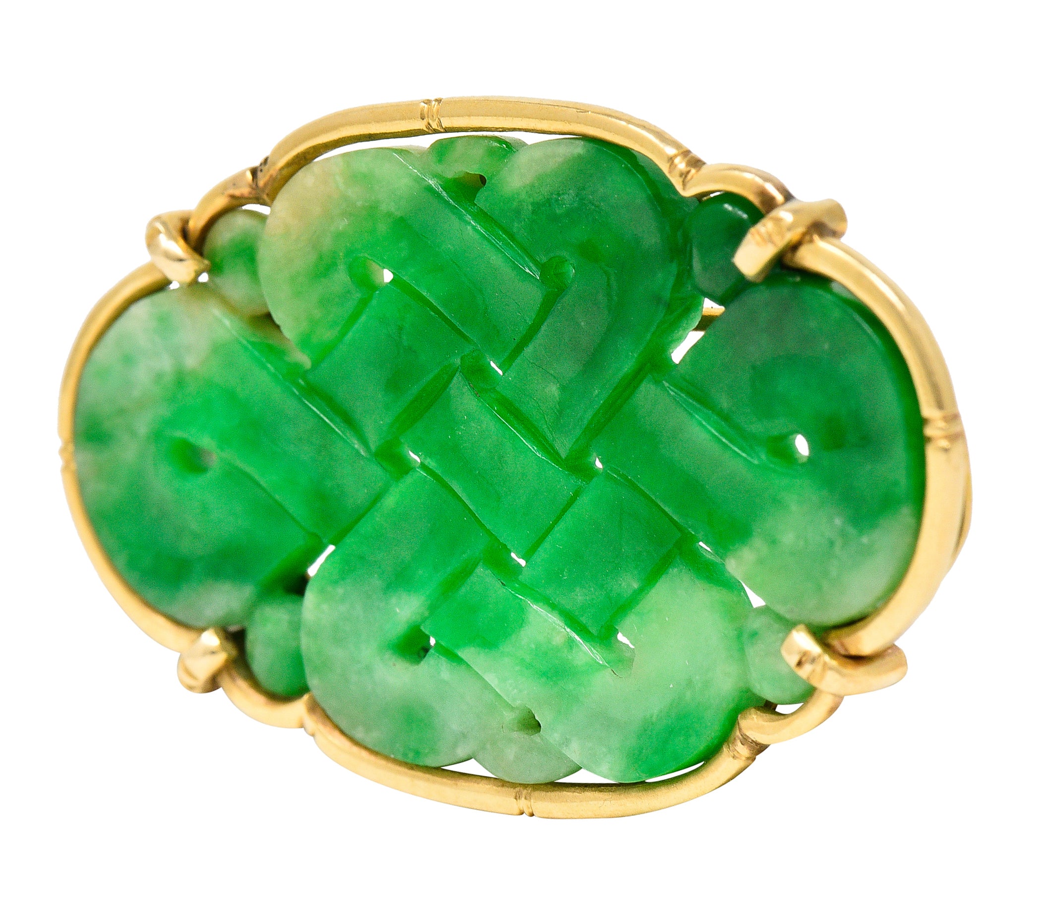 Ming's Retro Jade 14 Karat Yellow Gold Carved Lattice Brooch Wilson's Estate Jewelry