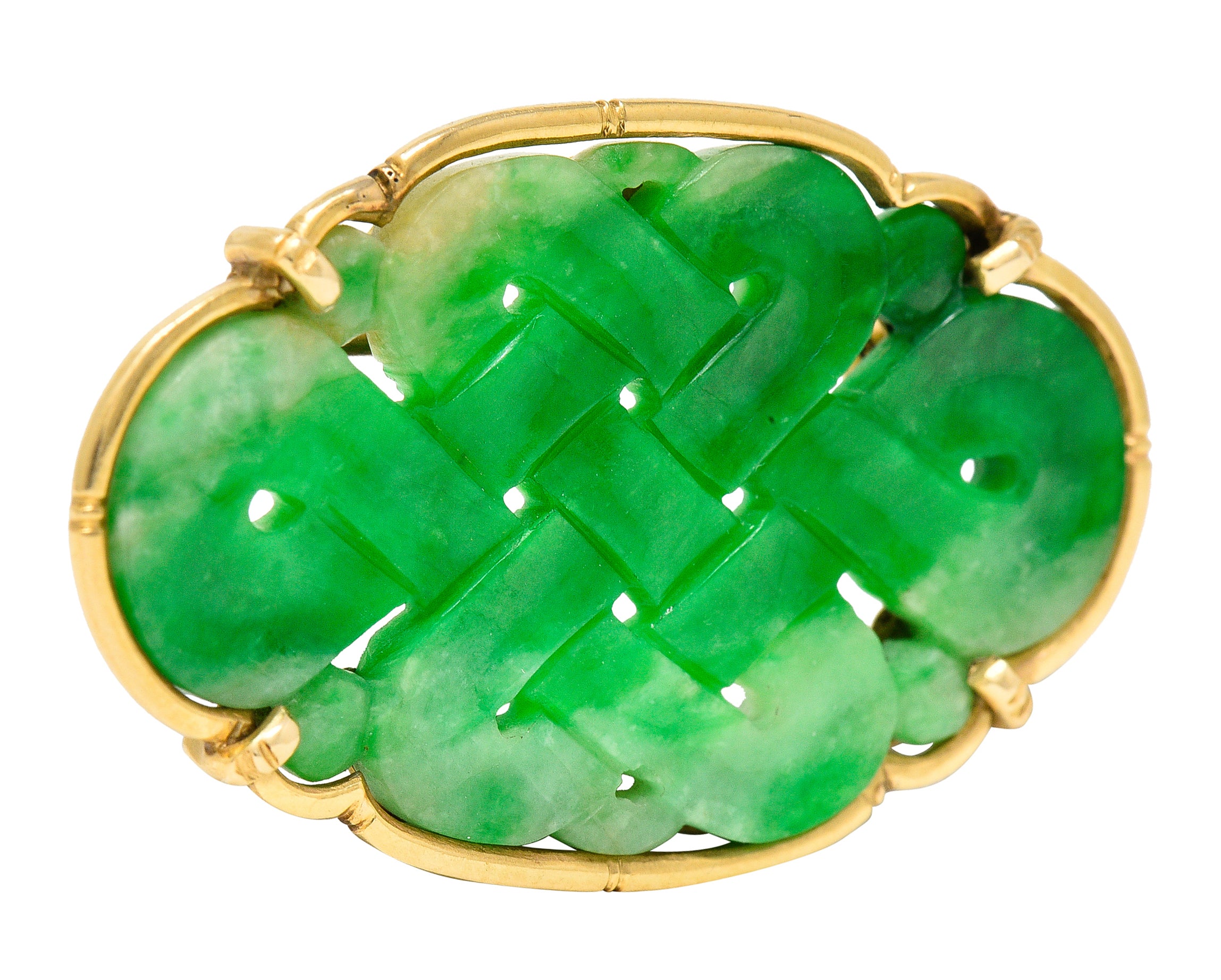 Ming's Retro Jade 14 Karat Yellow Gold Carved Lattice Brooch Wilson's Estate Jewelry