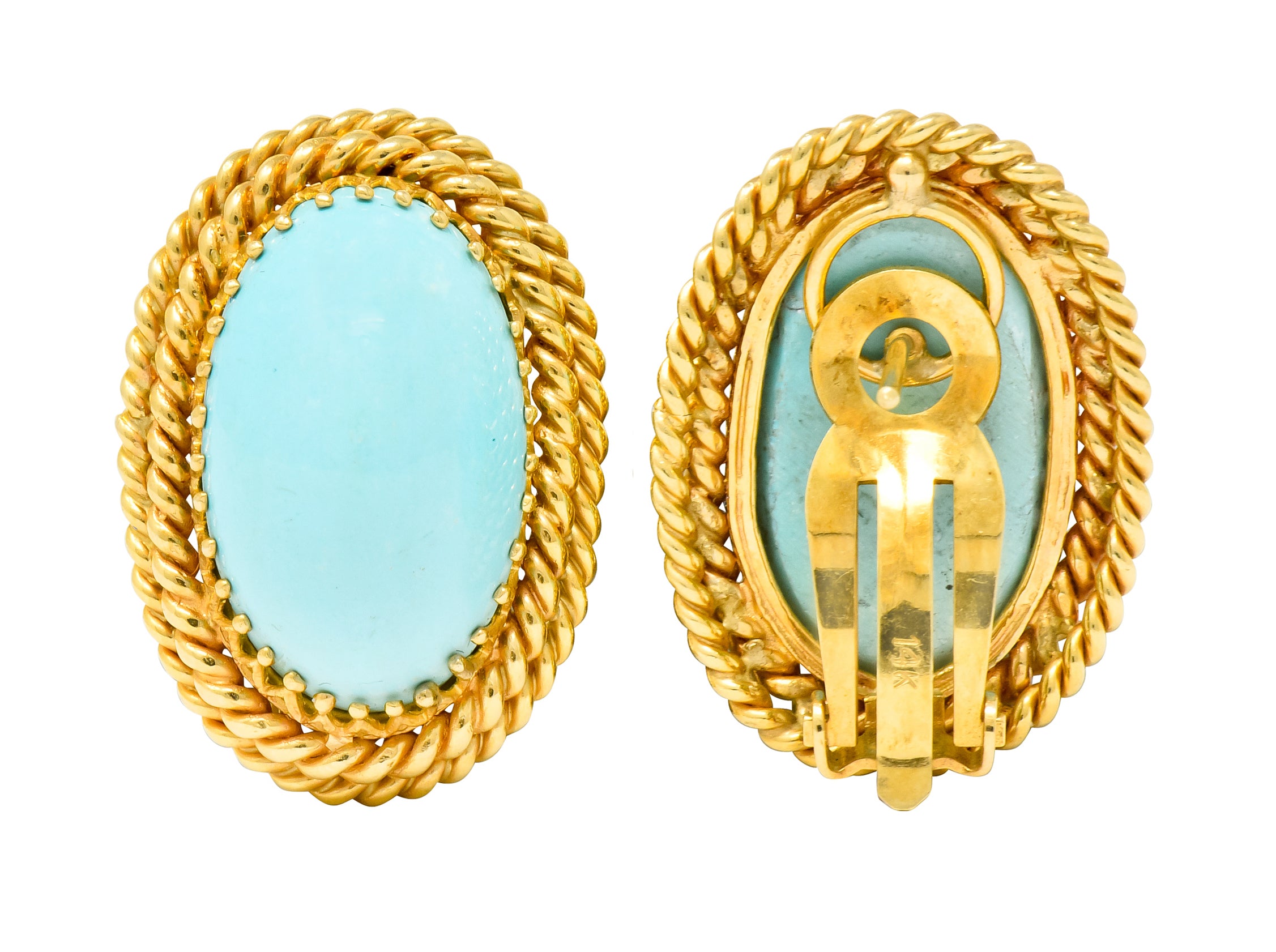 1960's Turquoise Cabochon 14 Karat Gold Earrings Twisted Rope Earrings - Wilson's Estate Jewelry