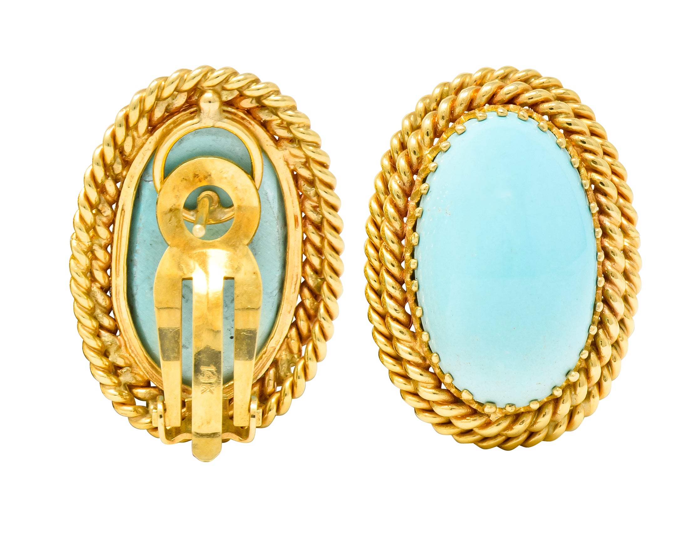 1960's Turquoise Cabochon 14 Karat Gold Earrings Twisted Rope Earrings - Wilson's Estate Jewelry