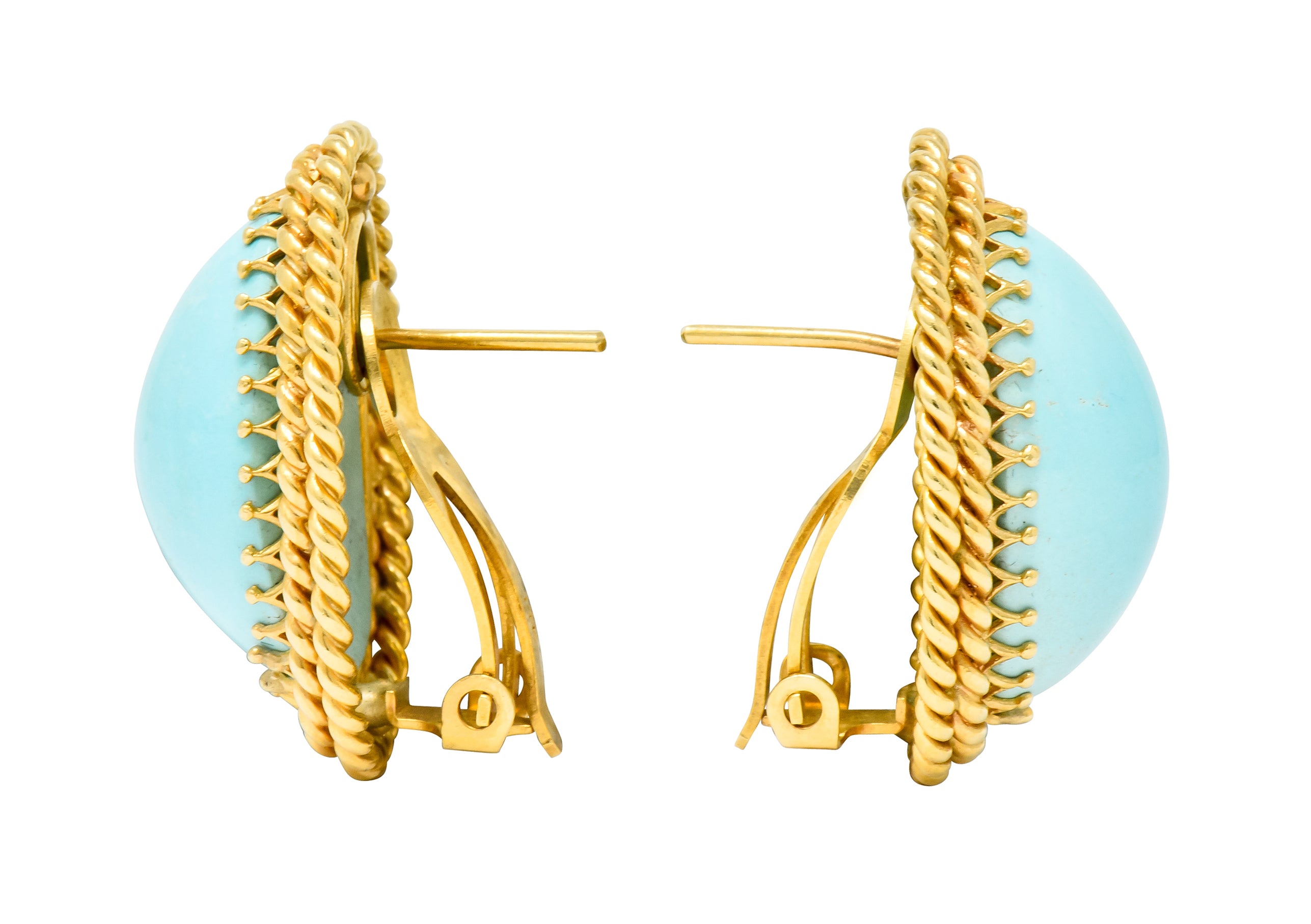 1960's Turquoise Cabochon 14 Karat Gold Earrings Twisted Rope Earrings - Wilson's Estate Jewelry