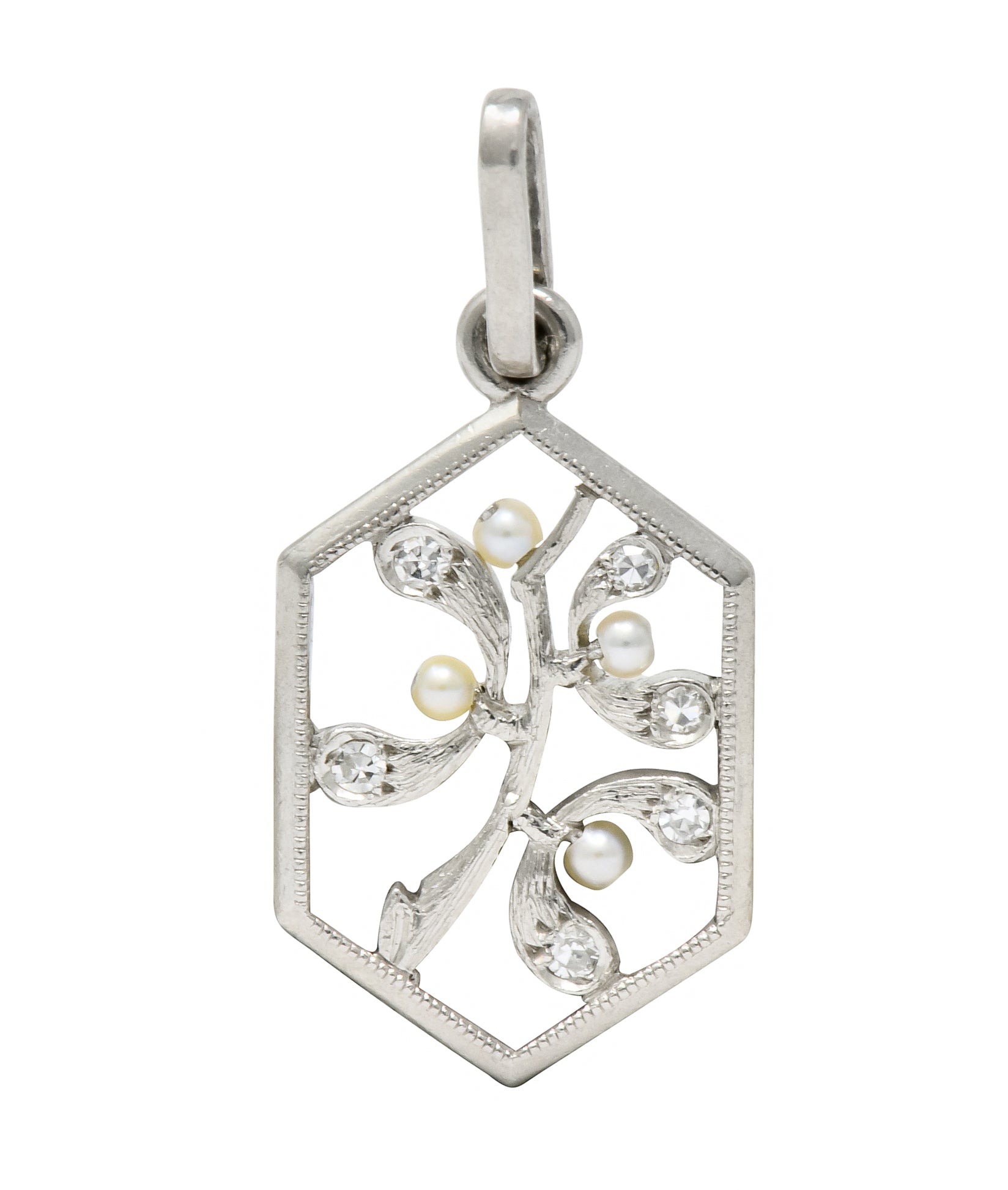 Edwardian Diamond Seed Pearl Platinum Hexagonal Maple Branch Charm - Wilson's Estate Jewelry