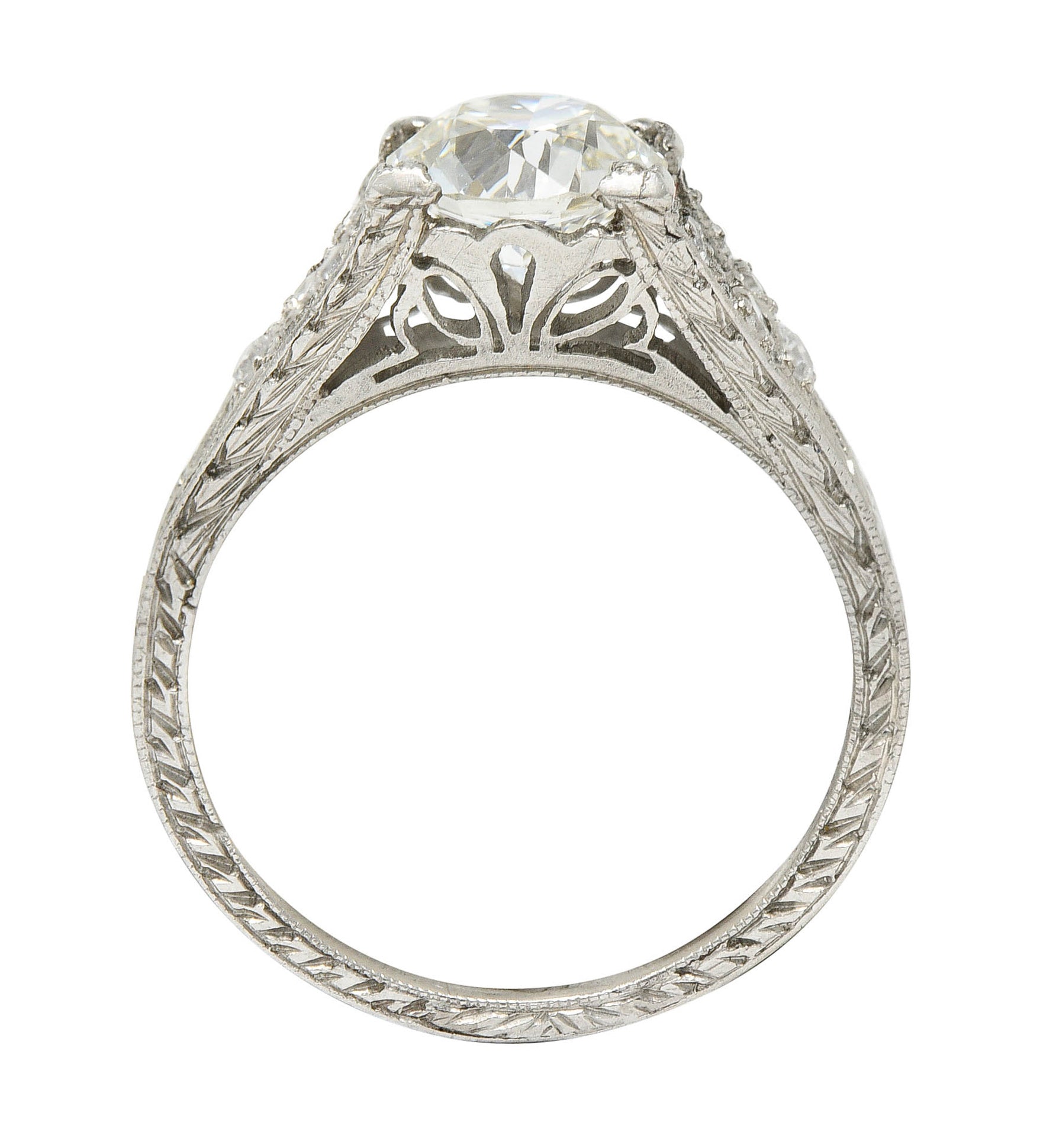 1930's Art Deco 1.68 CTW Diamond Platinum Lotus Engagement Ring GIARing - Wilson's Estate Jewelry