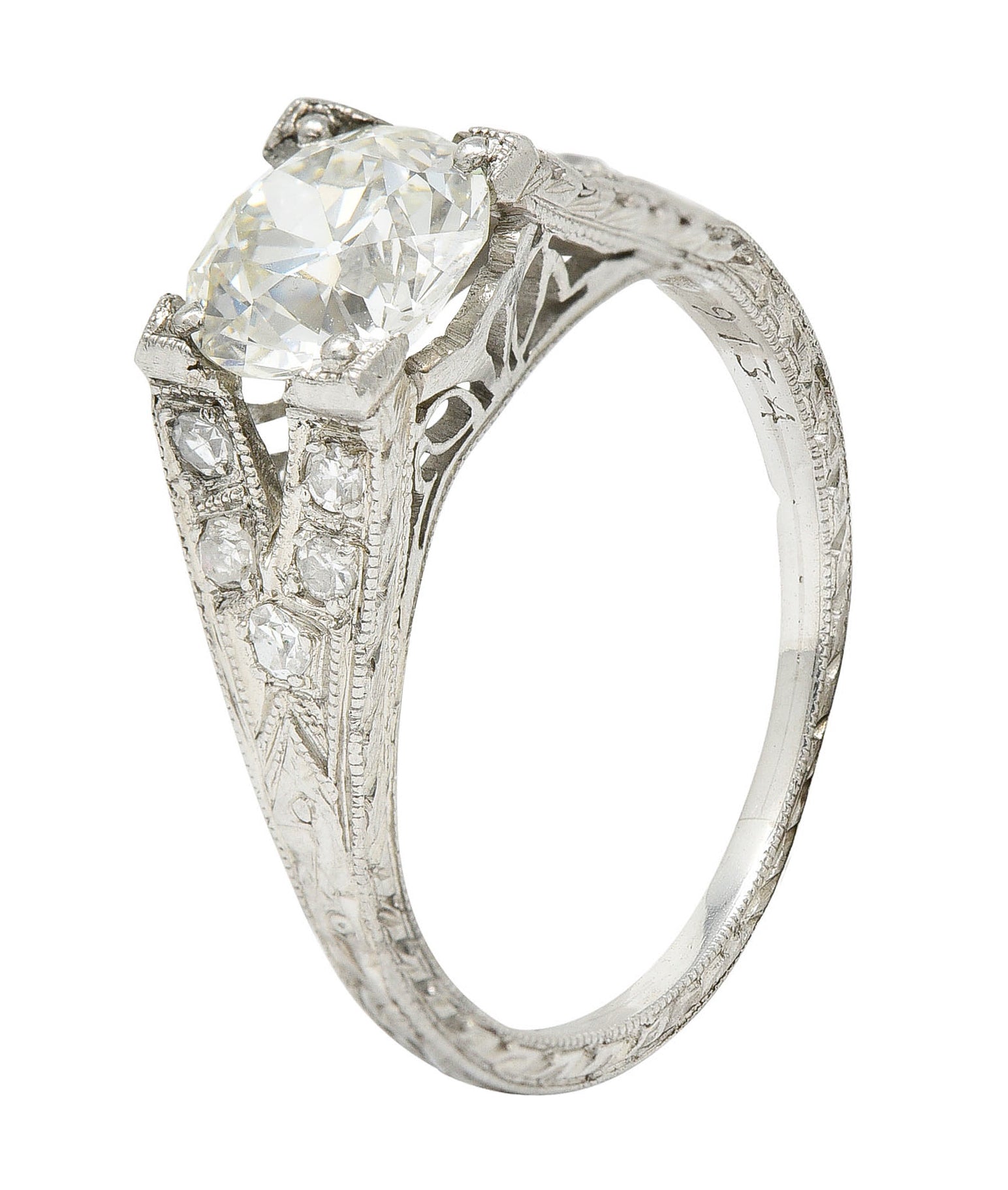 1930's Art Deco 1.68 CTW Diamond Platinum Lotus Engagement Ring GIARing - Wilson's Estate Jewelry