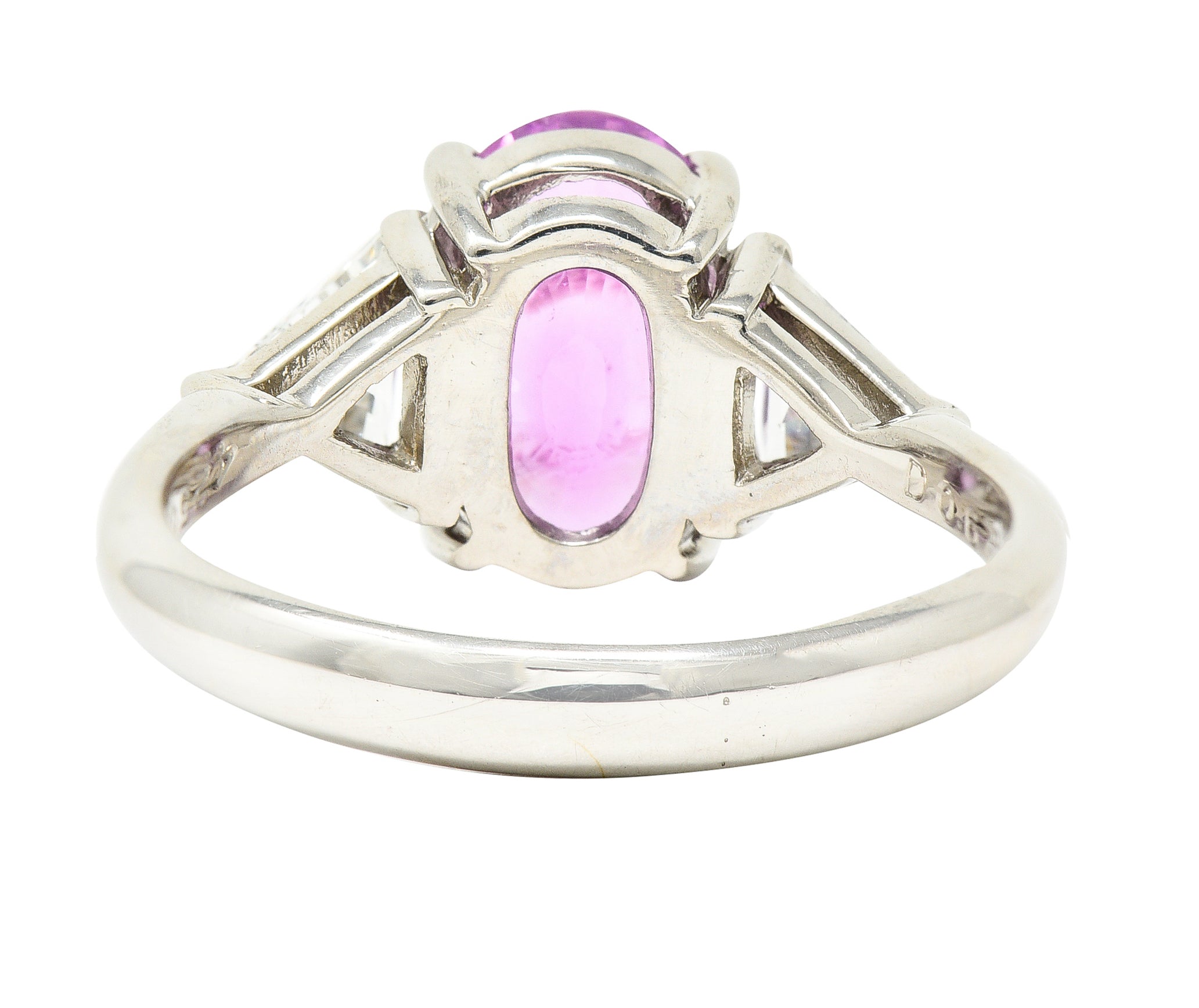 .11111 *Contemporary 4.21 CTW Oval Cut No-Heat Sri Lankan Pink Sapphire Trillion Cut Diamond Platinum Three Stone Ring GIA Wilson's Estate Jewelry