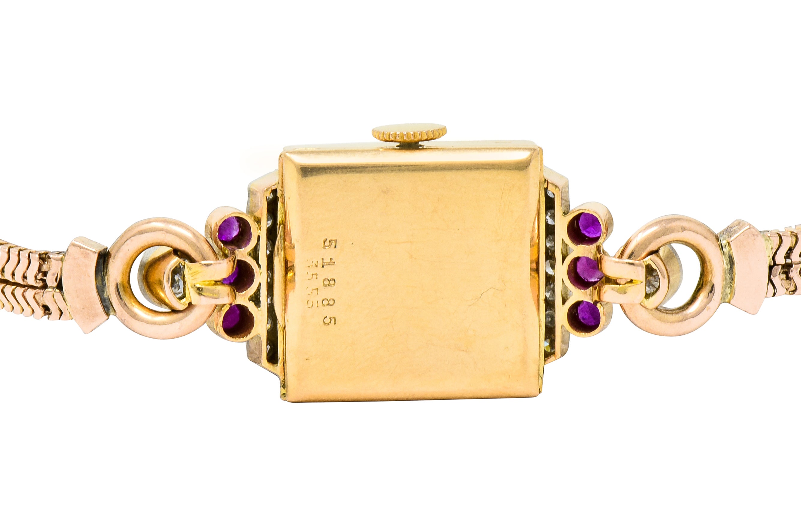 Rolex Retro Diamond Ruby 14 Karat Gold Watch Bracelet - Wilson's Estate Jewelry