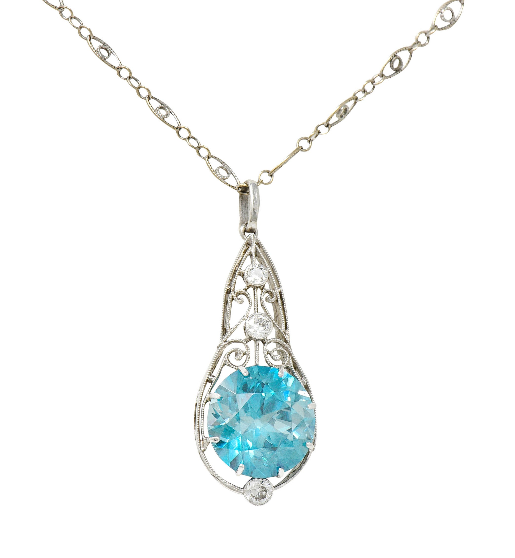 Art Deco Blue Zircon Diamond Platinum Scrolled Pendant NecklaceNecklace - Wilson's Estate Jewelry