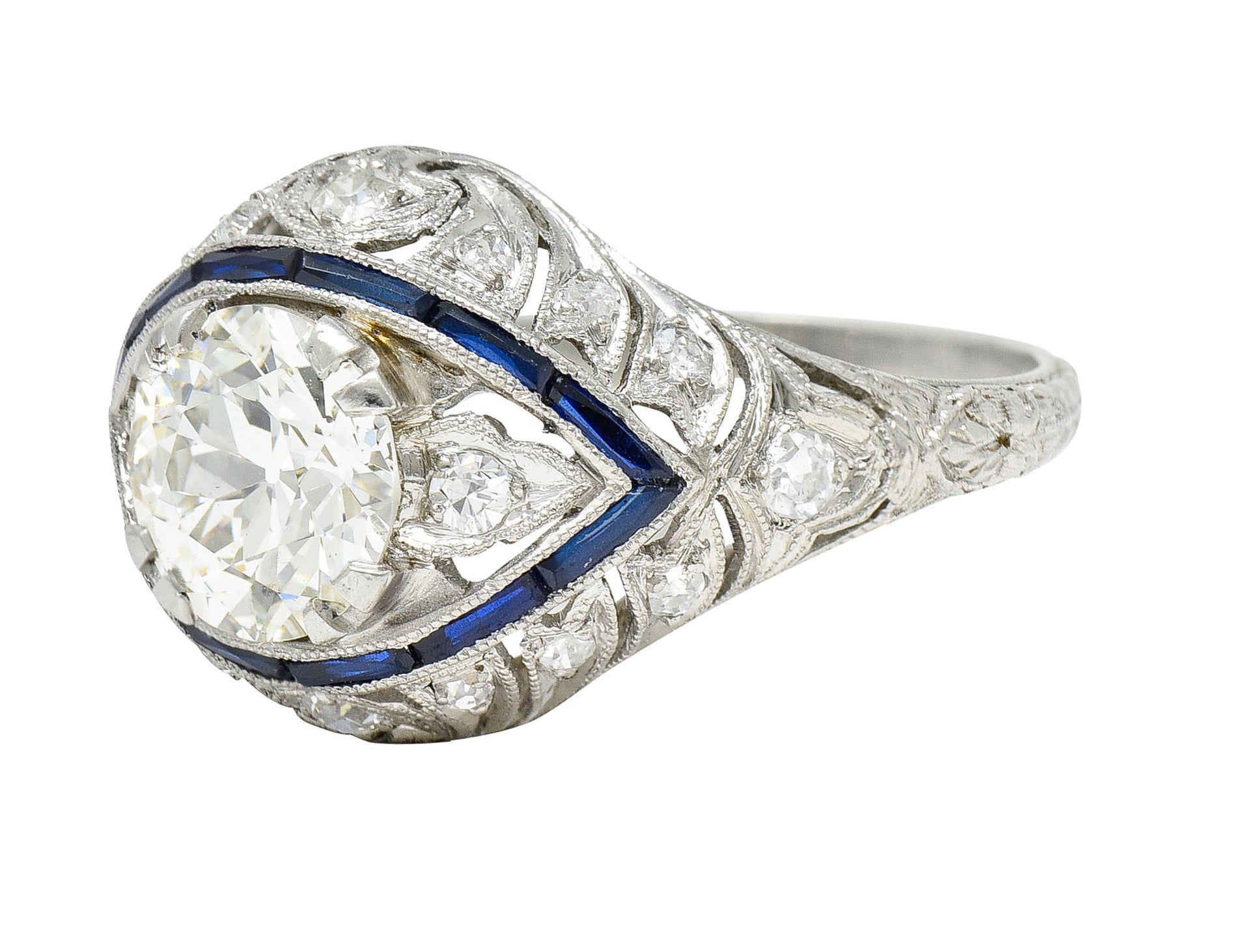 Art Deco 1.80 CTW Old European Cut Diamond Sapphire Platinum Engagement RingRing - Wilson's Estate Jewelry