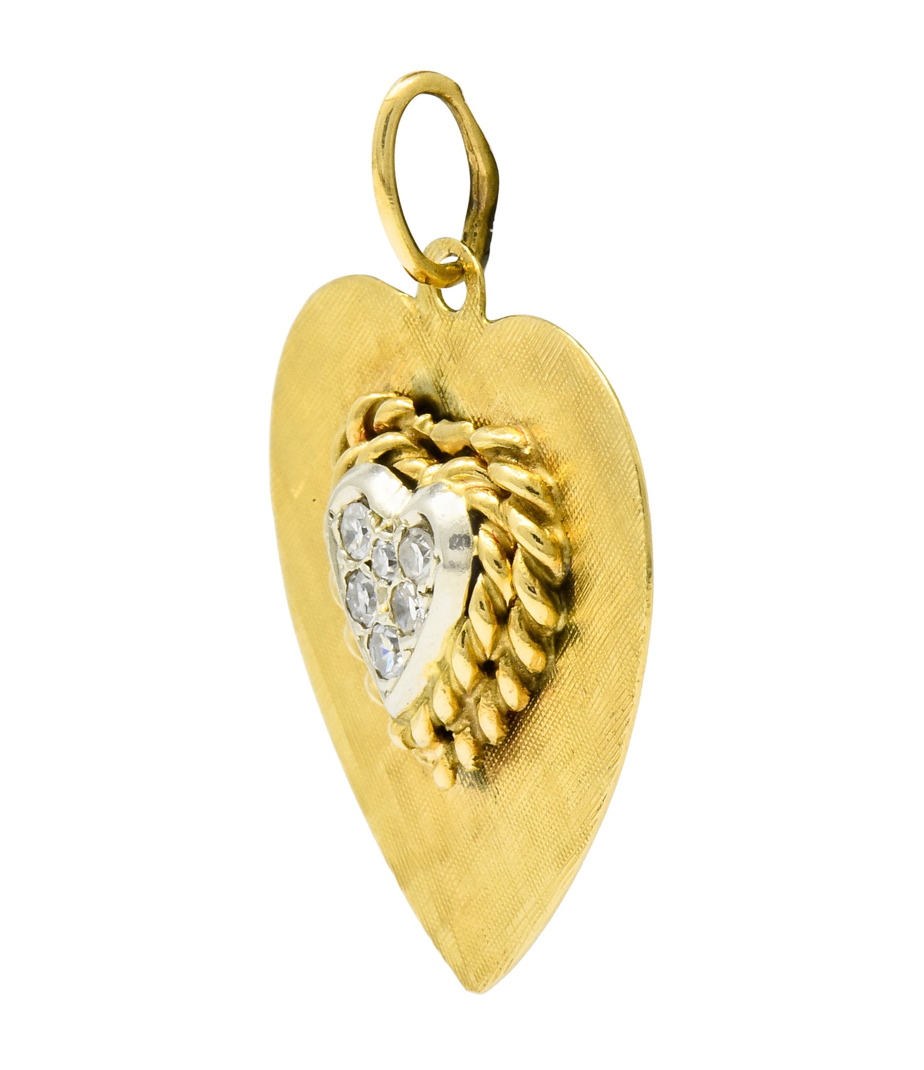 Retro Pave Diamond Platinum-Topped 14 Karat Gold Heart Charm - Wilson's Estate Jewelry