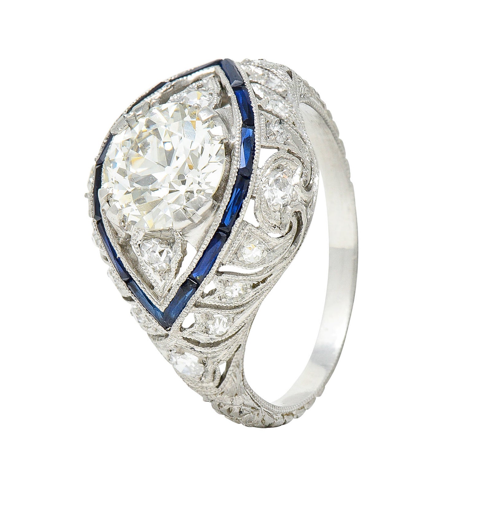 Art Deco 1.80 CTW Old European Cut Diamond Sapphire Platinum Engagement RingRing - Wilson's Estate Jewelry