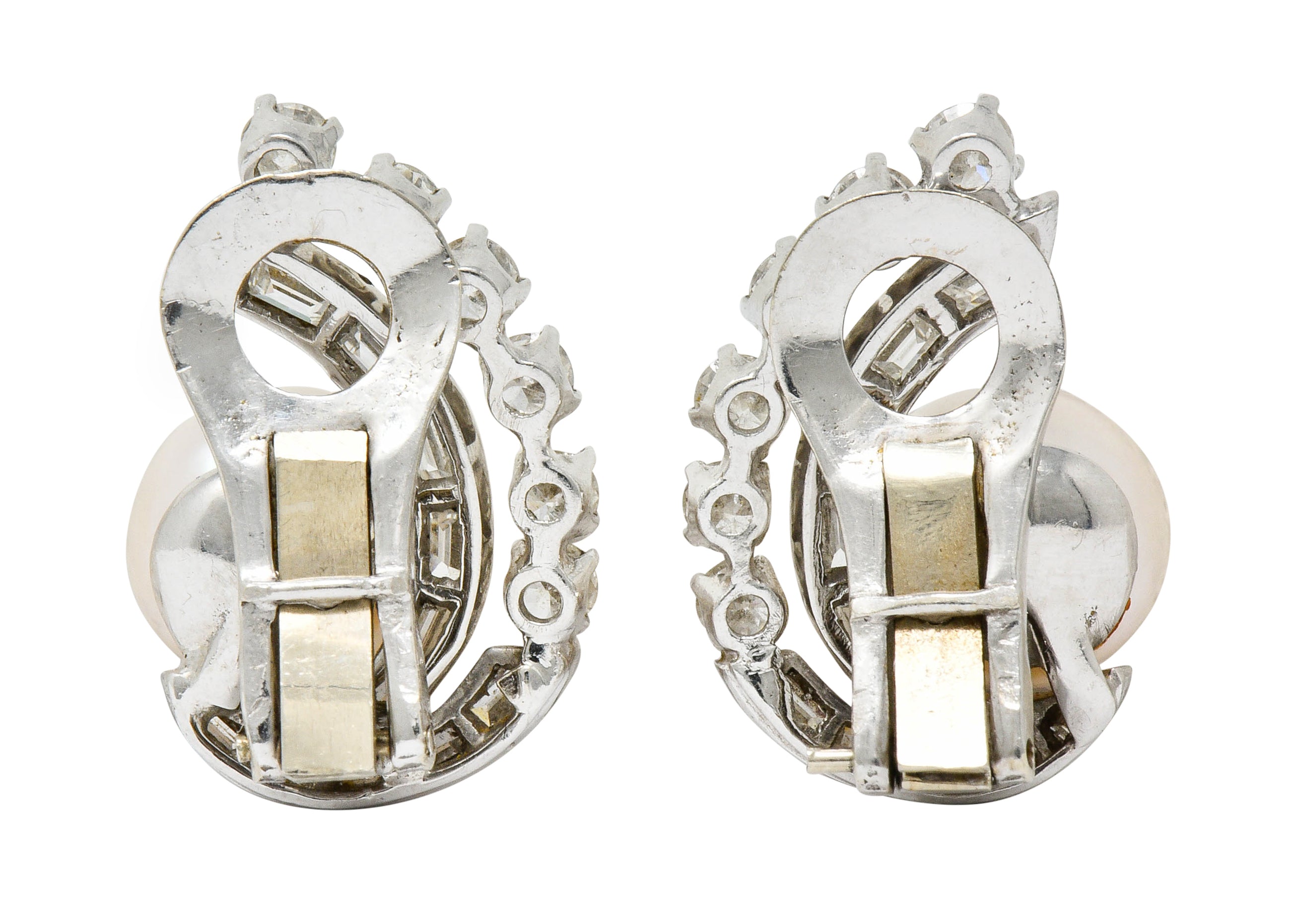 Mid Century Pearl 1.78 CTW Diamond Platinum Ear-Clip EarringsEarrings - Wilson's Estate Jewelry