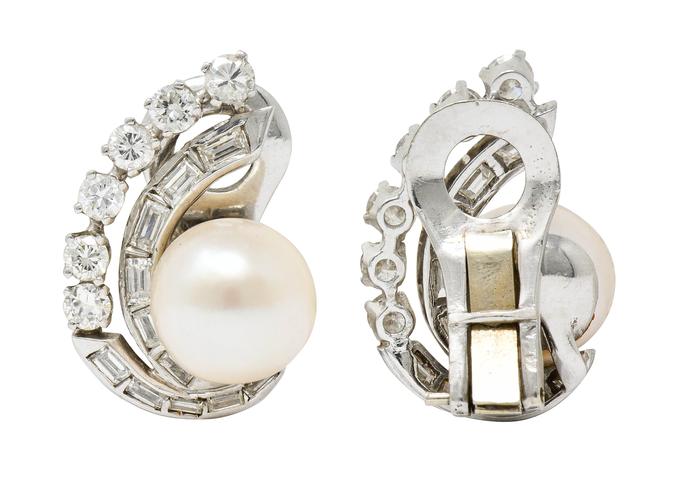 Mid Century Pearl 1.78 CTW Diamond Platinum Ear-Clip EarringsEarrings - Wilson's Estate Jewelry