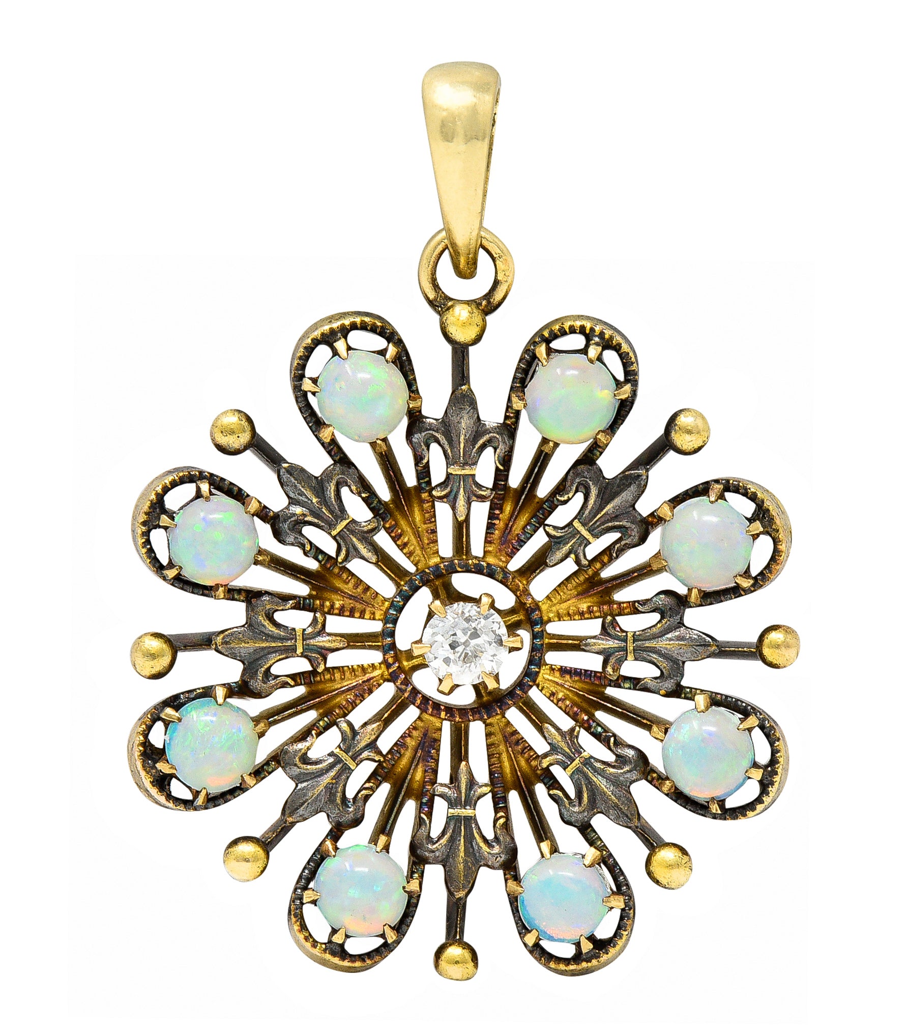 Victorian Diamond Opal 14 Karat Gold Fleur-De-Lis Pendant Wilson's Estate Jewelry