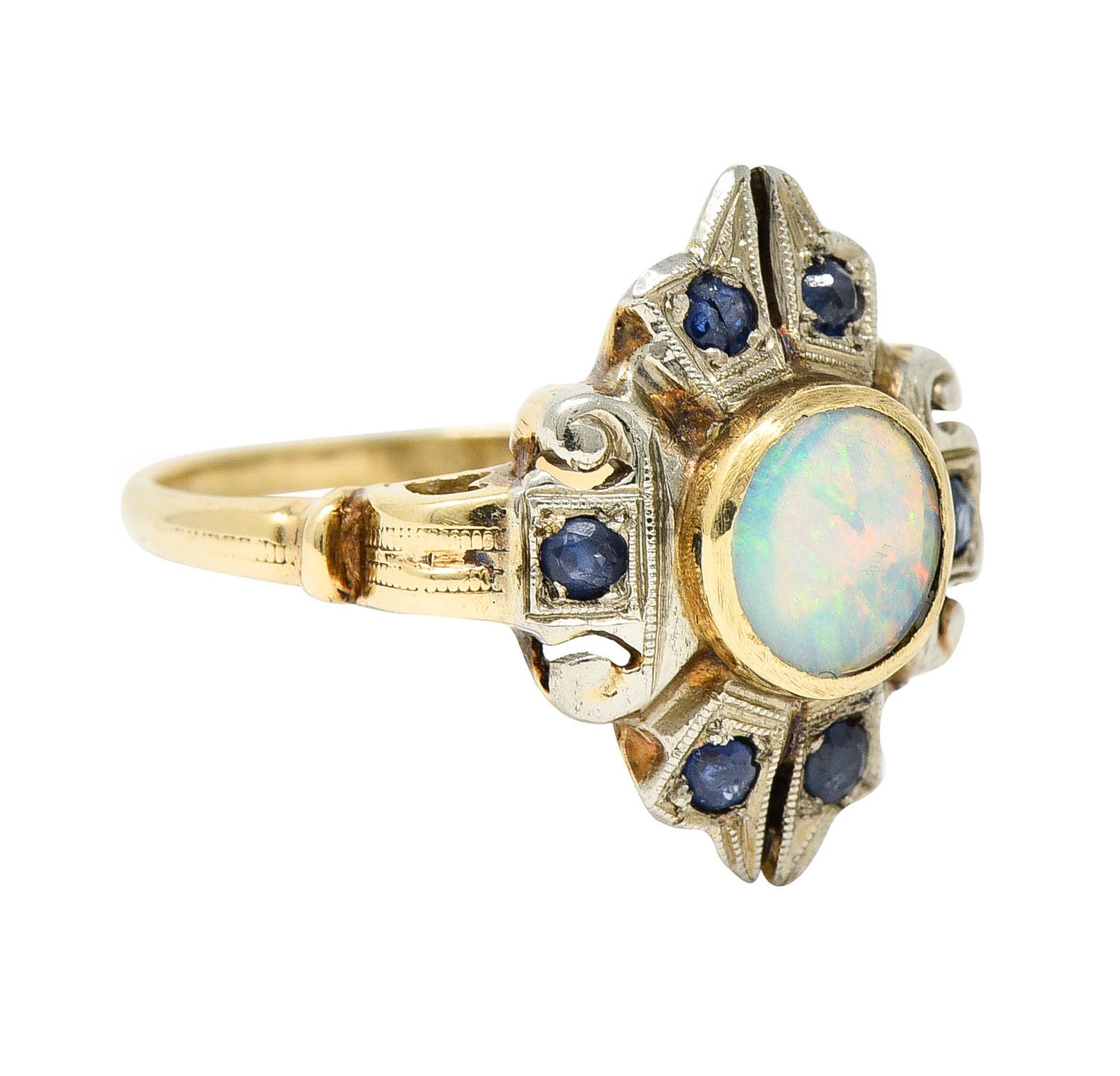 1920's Art Deco Opal Sapphire 10 Karat Two-Tone Gold Cluster RingRing - Wilson's Estate Jewelry