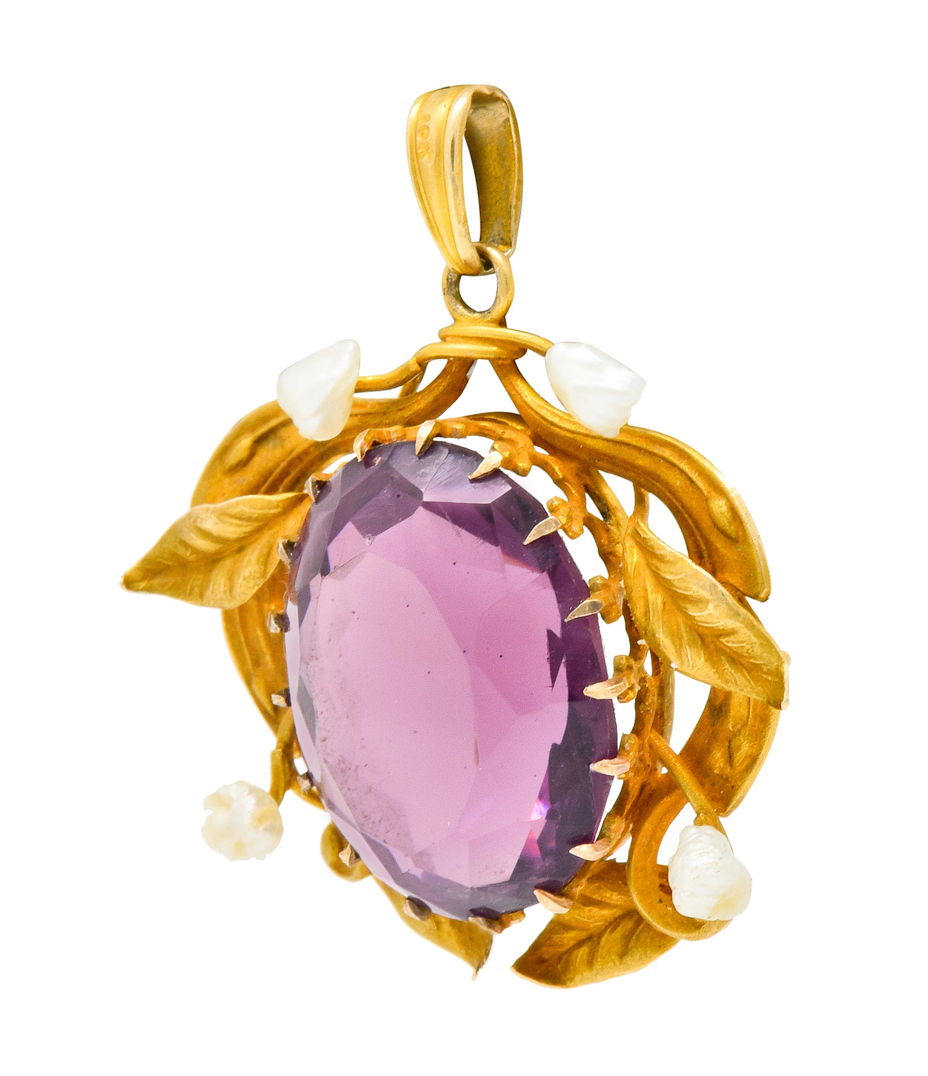 Art Nouveau Amethyst Natural Baroque Pearl 14 Karat Gold Foliate Wreath Pendant - Wilson's Estate Jewelry