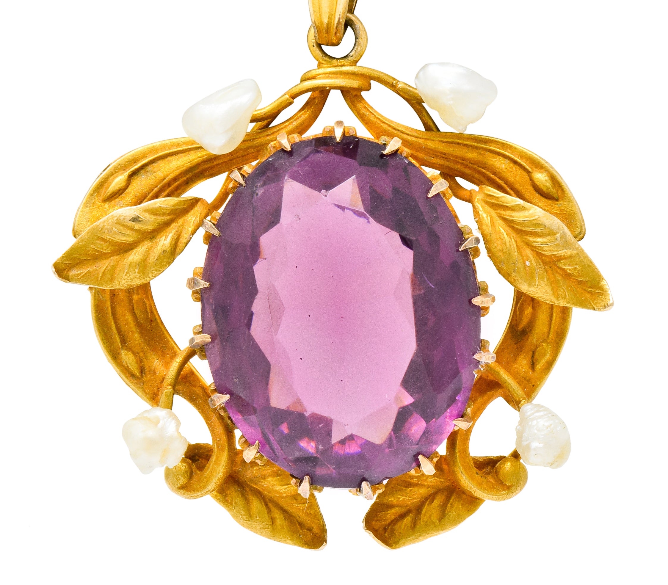 Art Nouveau Amethyst Natural Baroque Pearl 14 Karat Gold Foliate Wreath Pendant - Wilson's Estate Jewelry