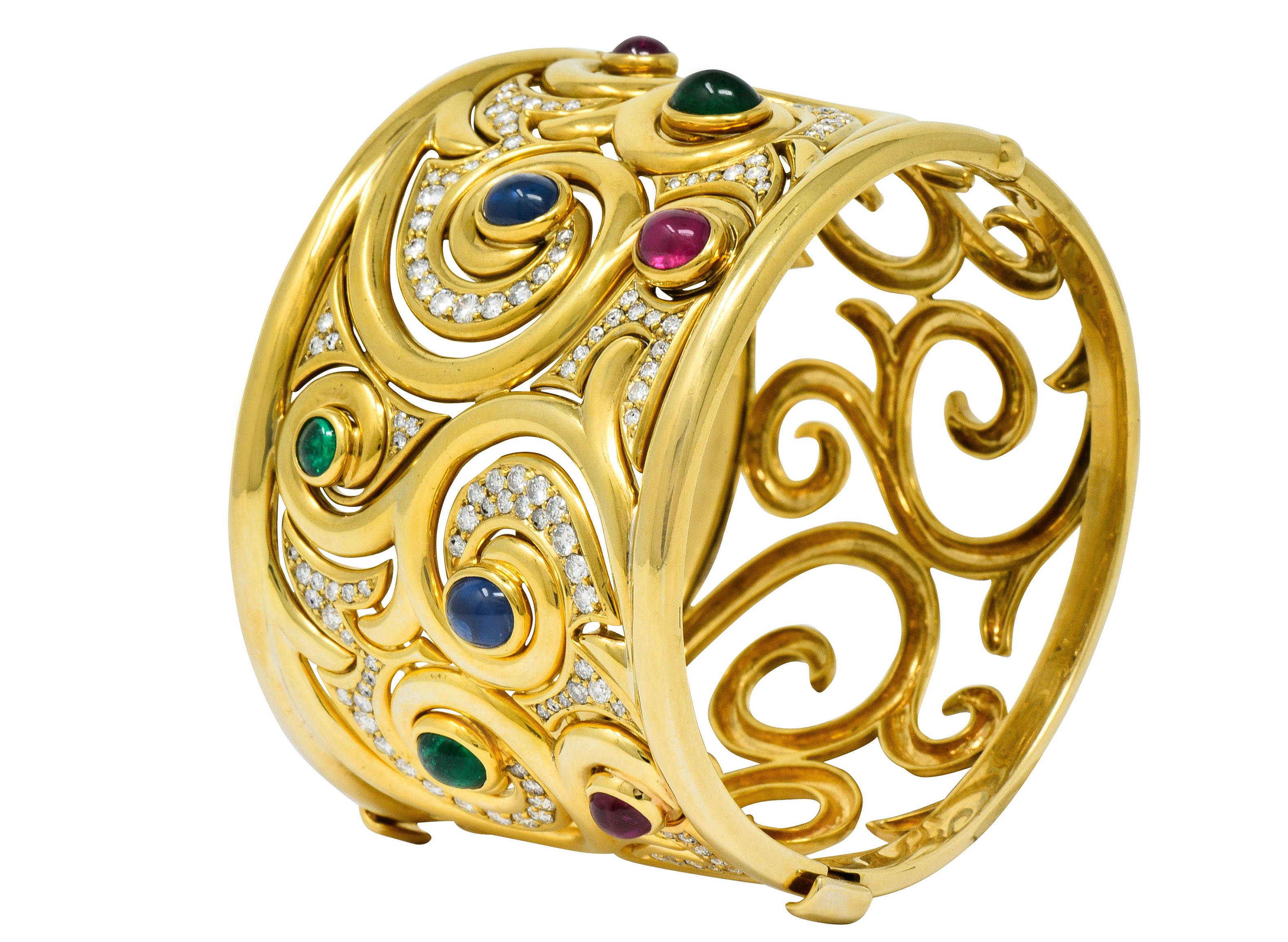 Substantial Bulgari Diamond Sapphire Ruby Emerald 18 Karat Gold Italian Filigree Bangle Braceletbracelet - Wilson's Estate Jewelry