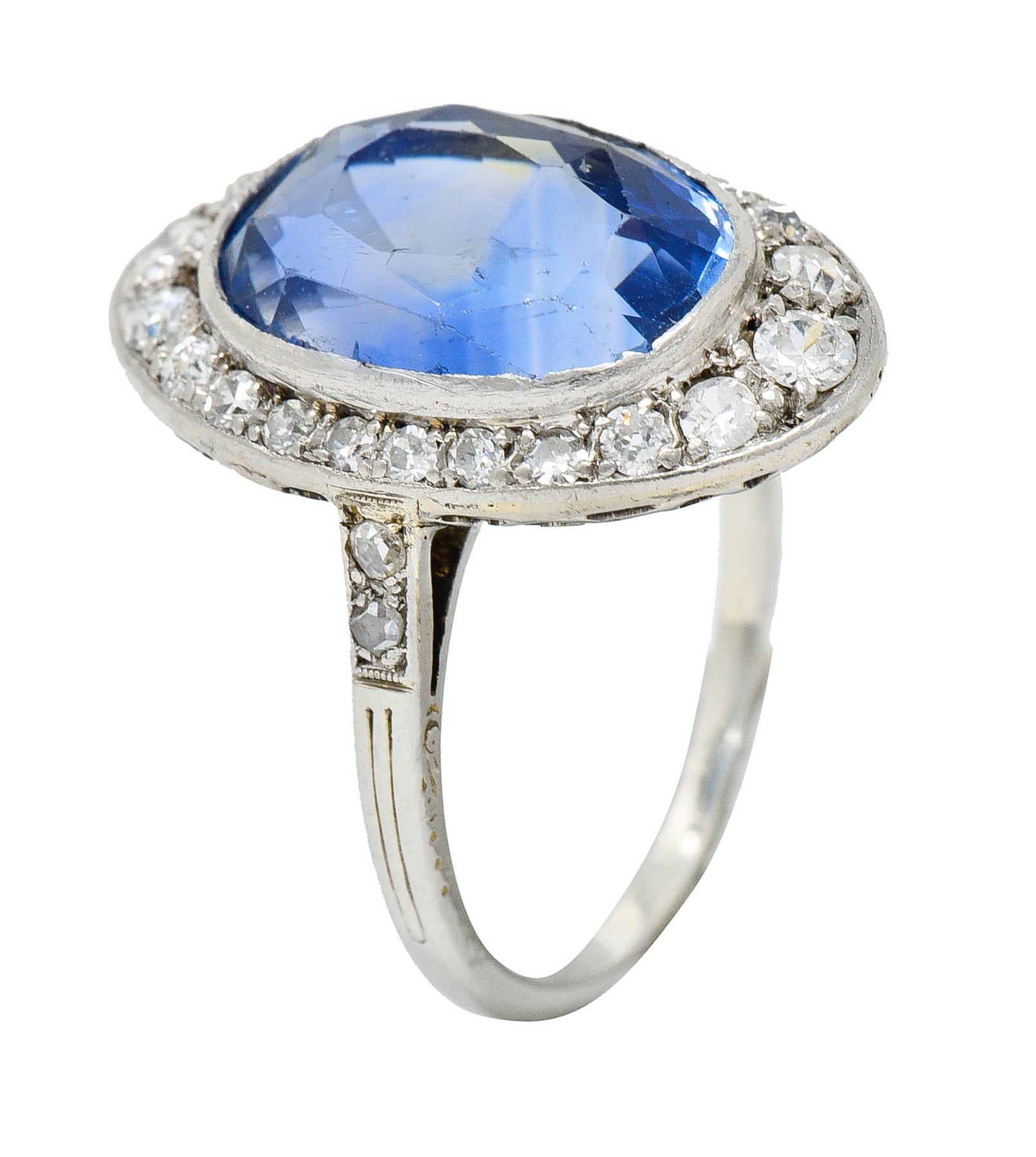 Edwardian 8.69 CTW No Heat Ceylon Sapphire Diamond 18 Karat White Gold Dinner Ring GIARing - Wilson's Estate Jewelry