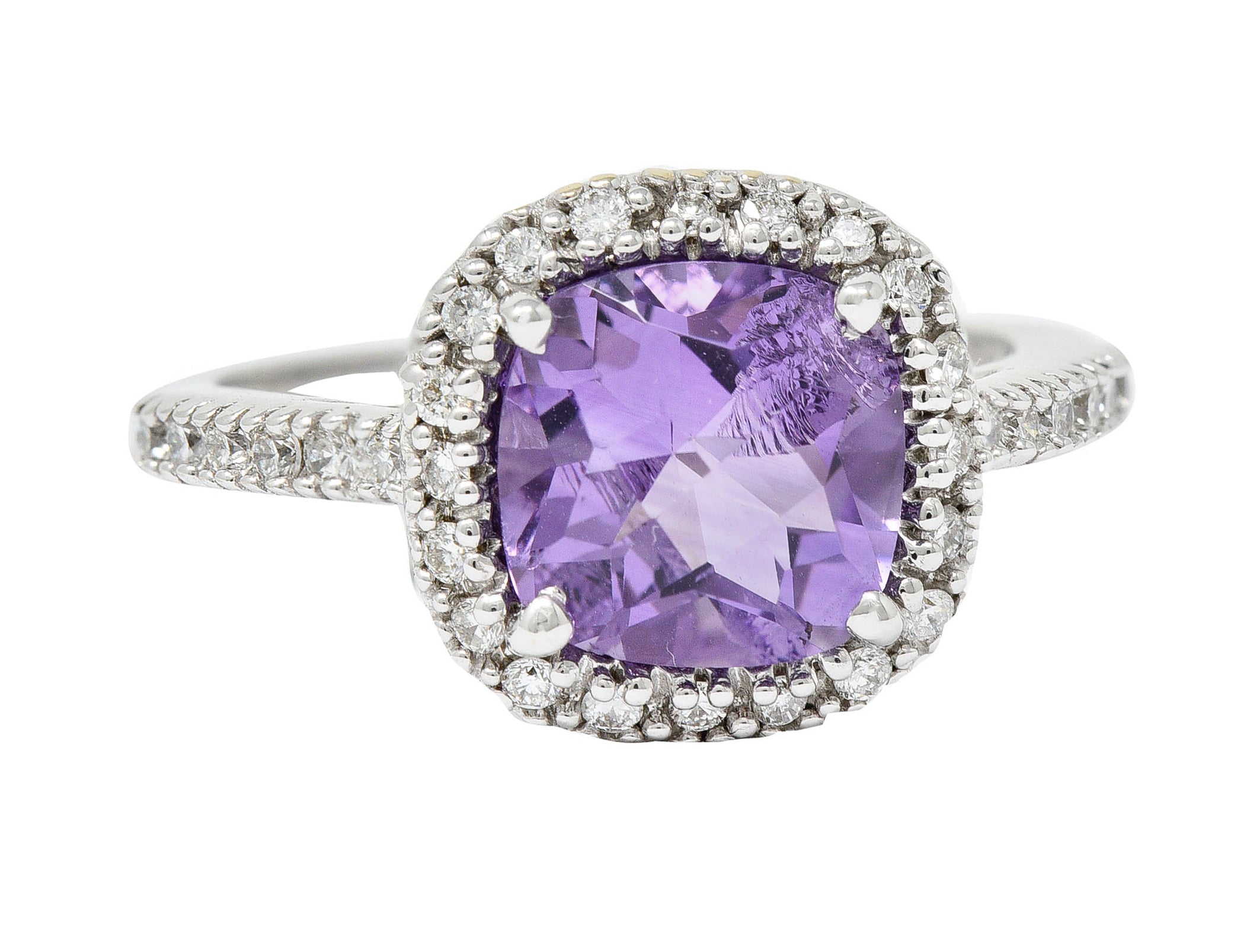 Checkerboard Amethyst Diamond Halo 18 Karat White Gold Gemstone RingRing - Wilson's Estate Jewelry