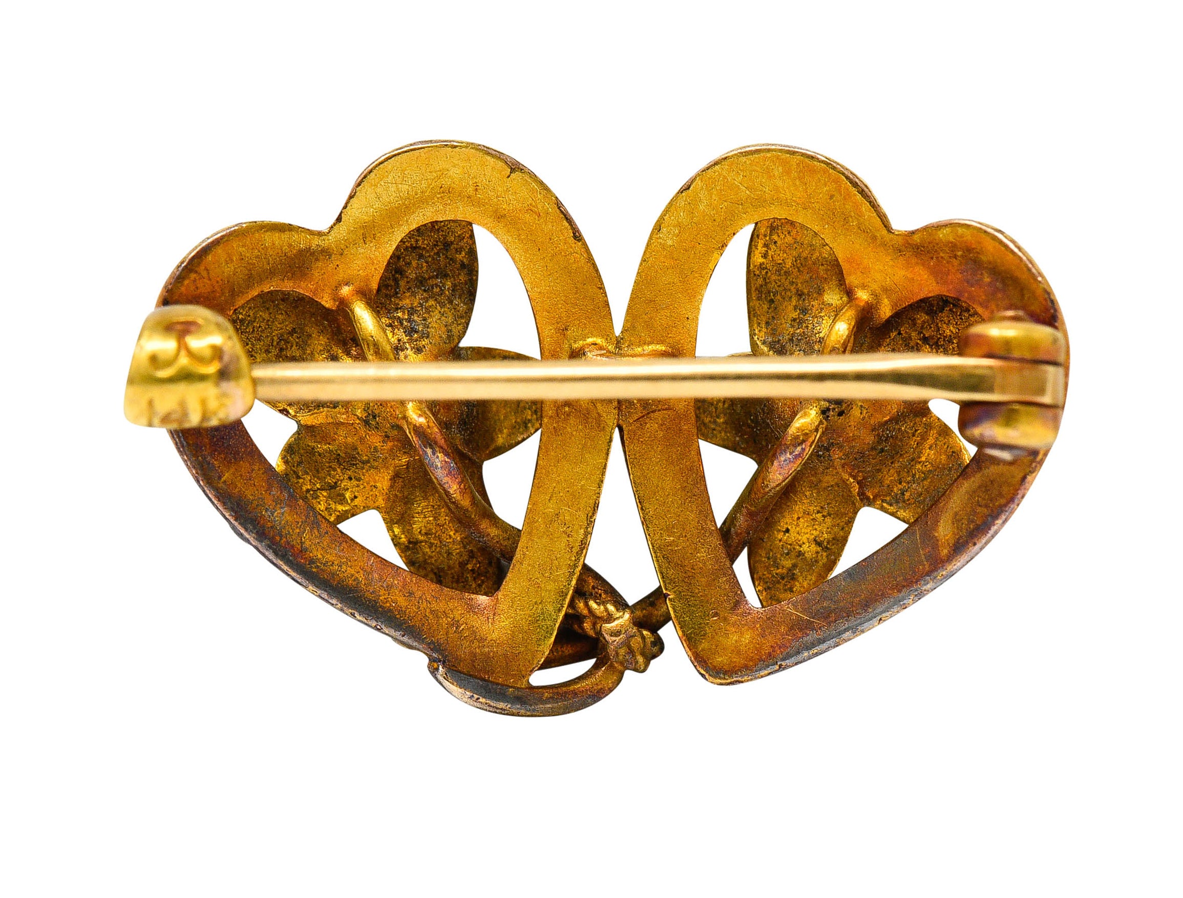 Krementz Art Nouveau Enamel 14 Karat Gold Double Floral Heart BroochBrooch - Wilson's Estate Jewelry