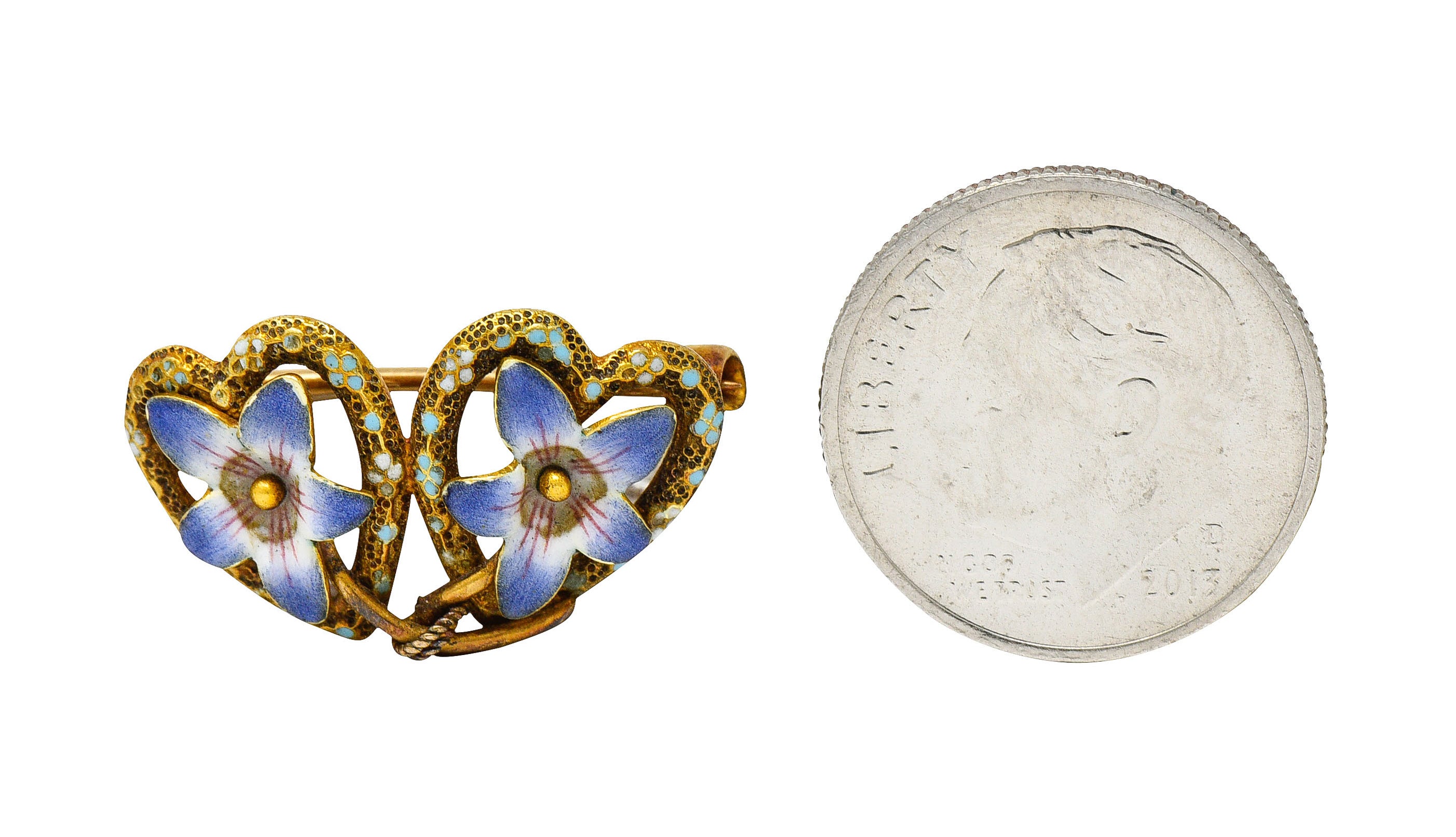 Krementz Art Nouveau Enamel 14 Karat Gold Double Floral Heart BroochBrooch - Wilson's Estate Jewelry