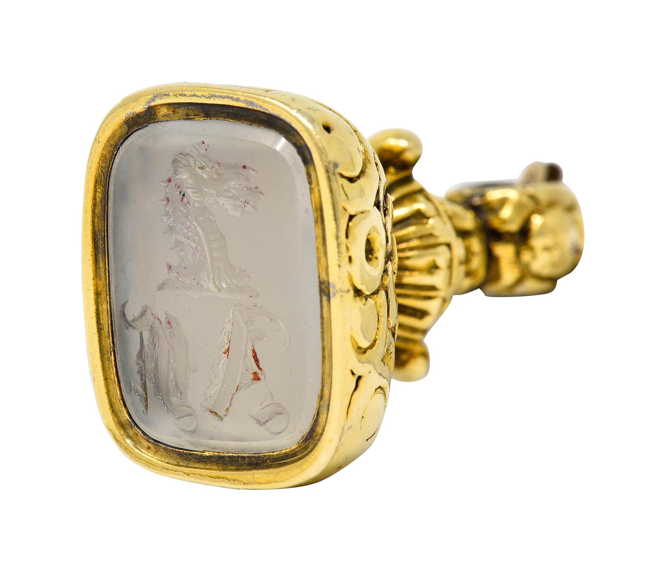 Art Nouveau White Agate Intaglio 14 Karat Gold Fob Pendant CharmNecklace - Wilson's Estate Jewelry