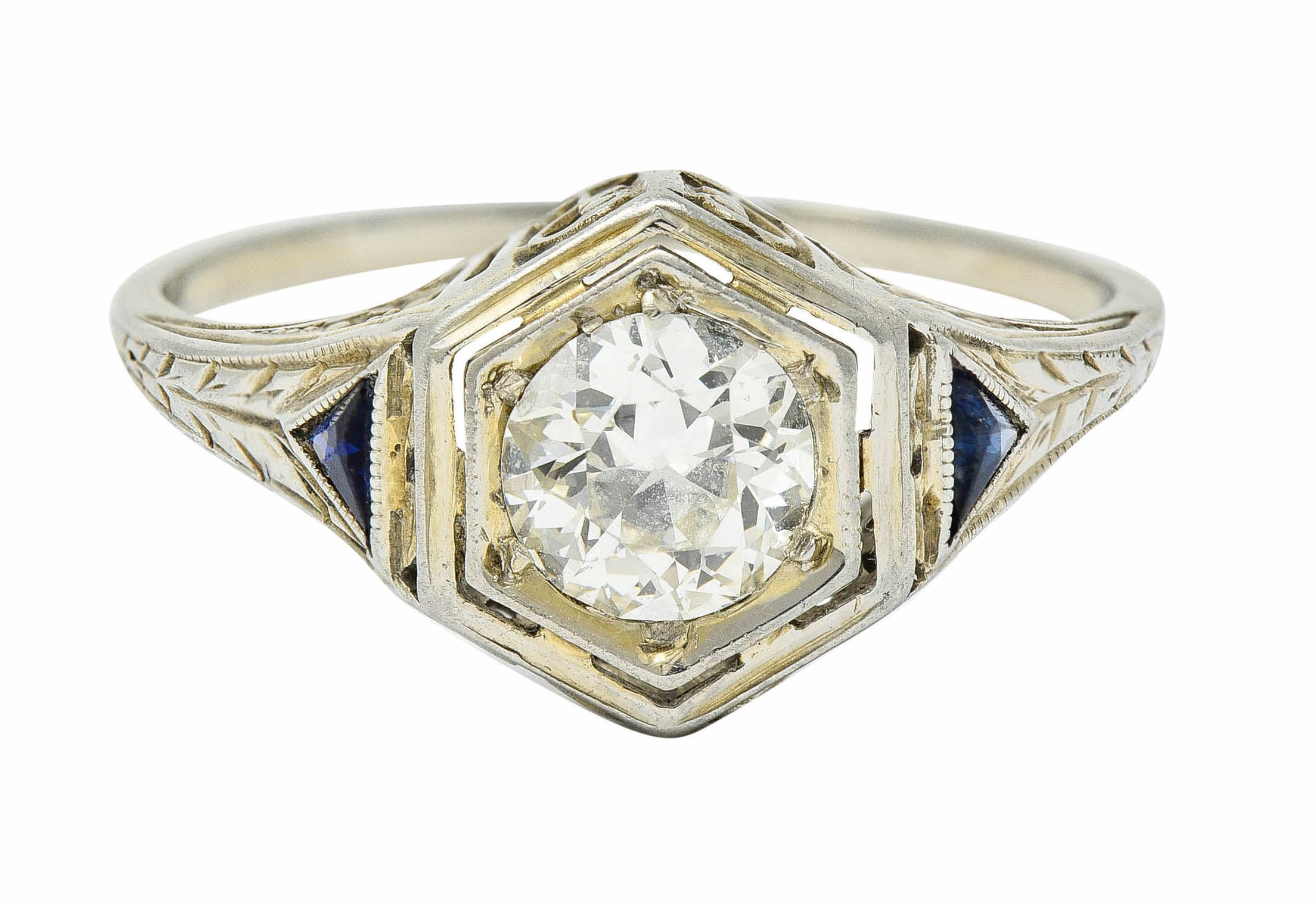 Art Deco 0.55 CTW Diamond Sapphire 18 Karat White Gold Hexagonal RingRing - Wilson's Estate Jewelry