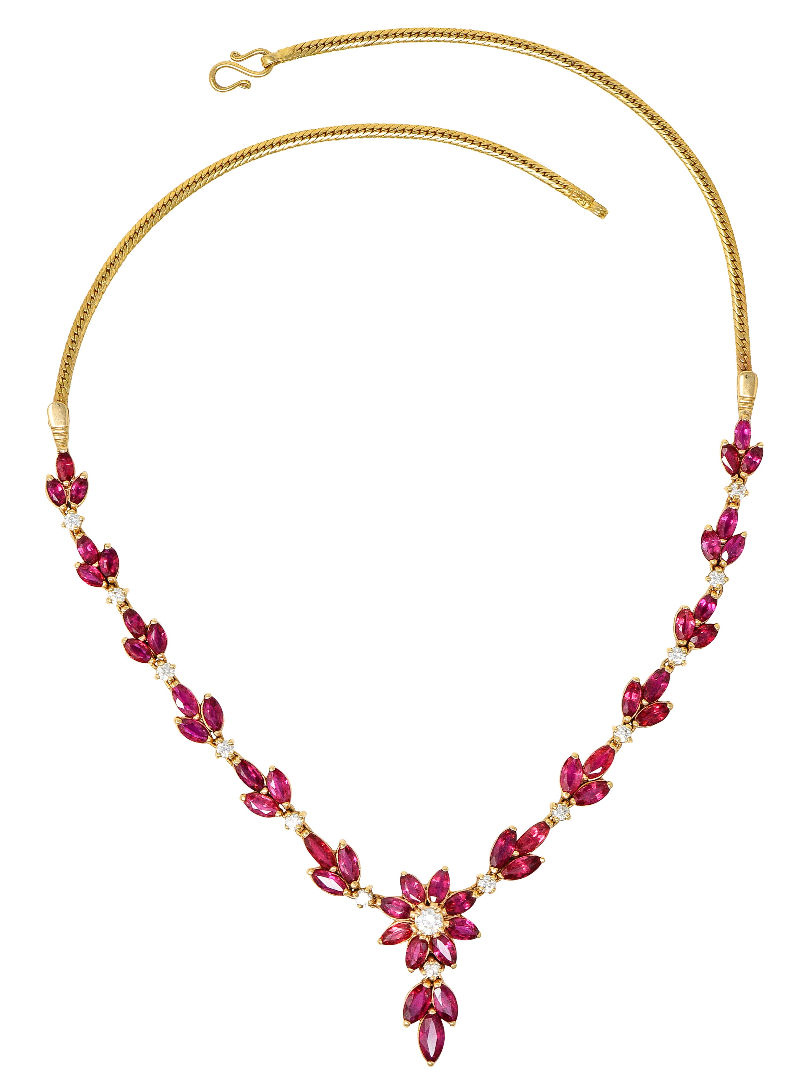 Vintage 11.50 CTW Ruby Diamond 18 Karat Yellow Gold Floral Cluster Station Necklace Wilson's Estate Jewelry