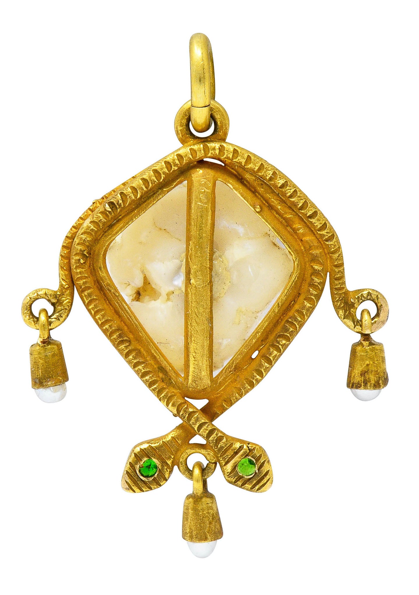 Victorian Baroque Pearl Demantoid Garnet 18 Karat Gold Snake Pendant Charmcharm - Wilson's Estate Jewelry