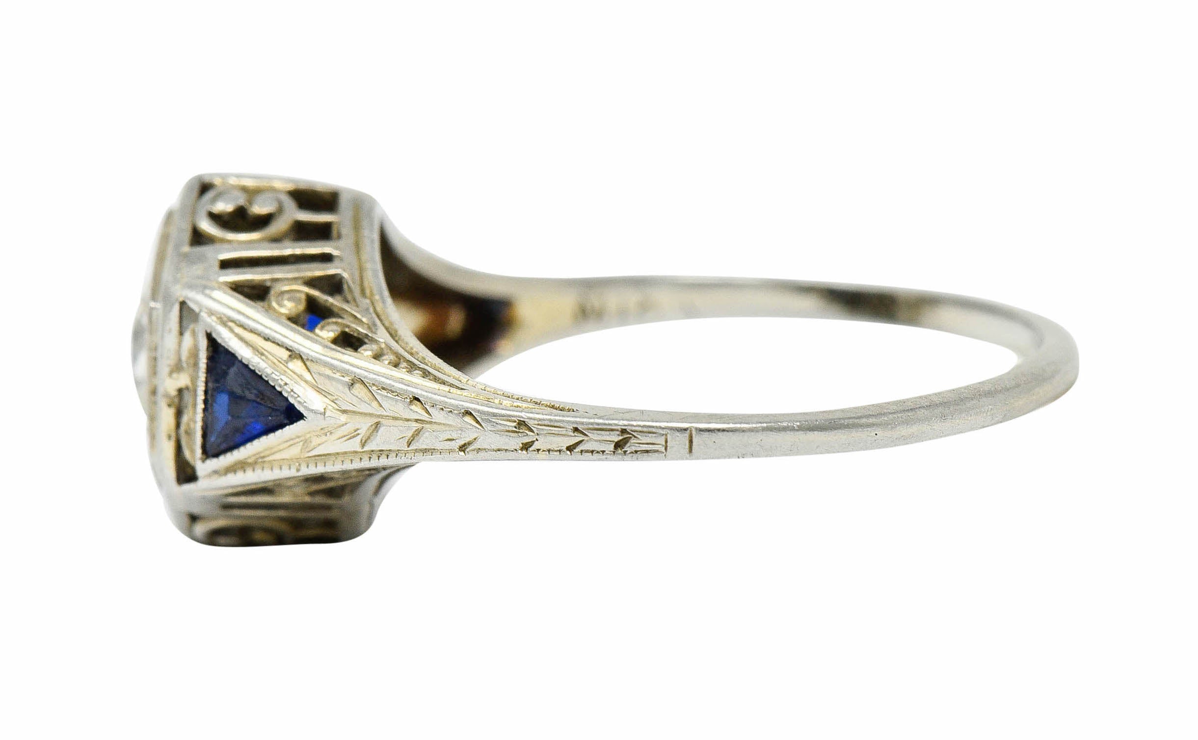 Art Deco 0.55 CTW Diamond Sapphire 18 Karat White Gold Hexagonal RingRing - Wilson's Estate Jewelry