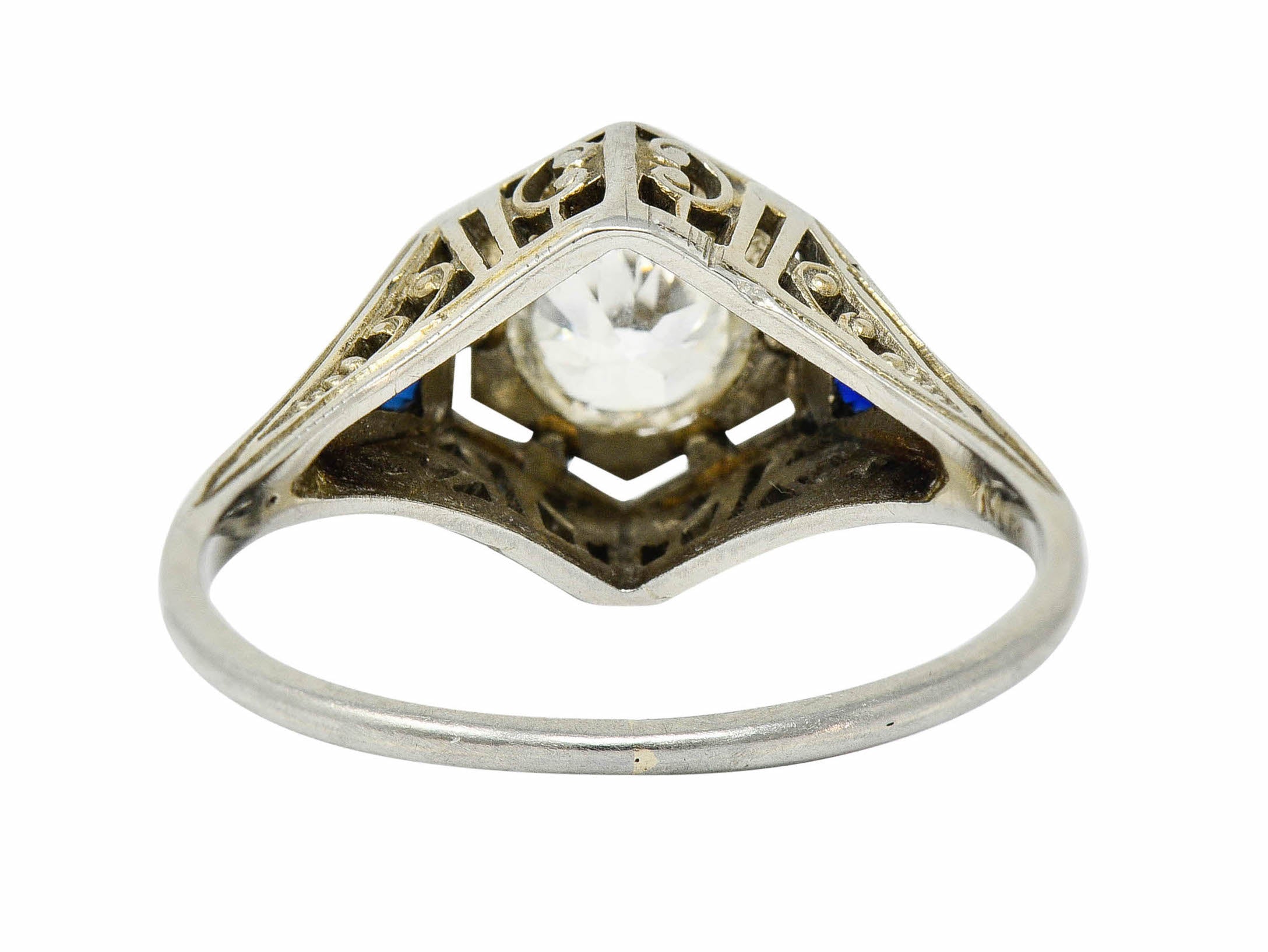 Art Deco 0.55 CTW Diamond Sapphire 18 Karat White Gold Hexagonal RingRing - Wilson's Estate Jewelry