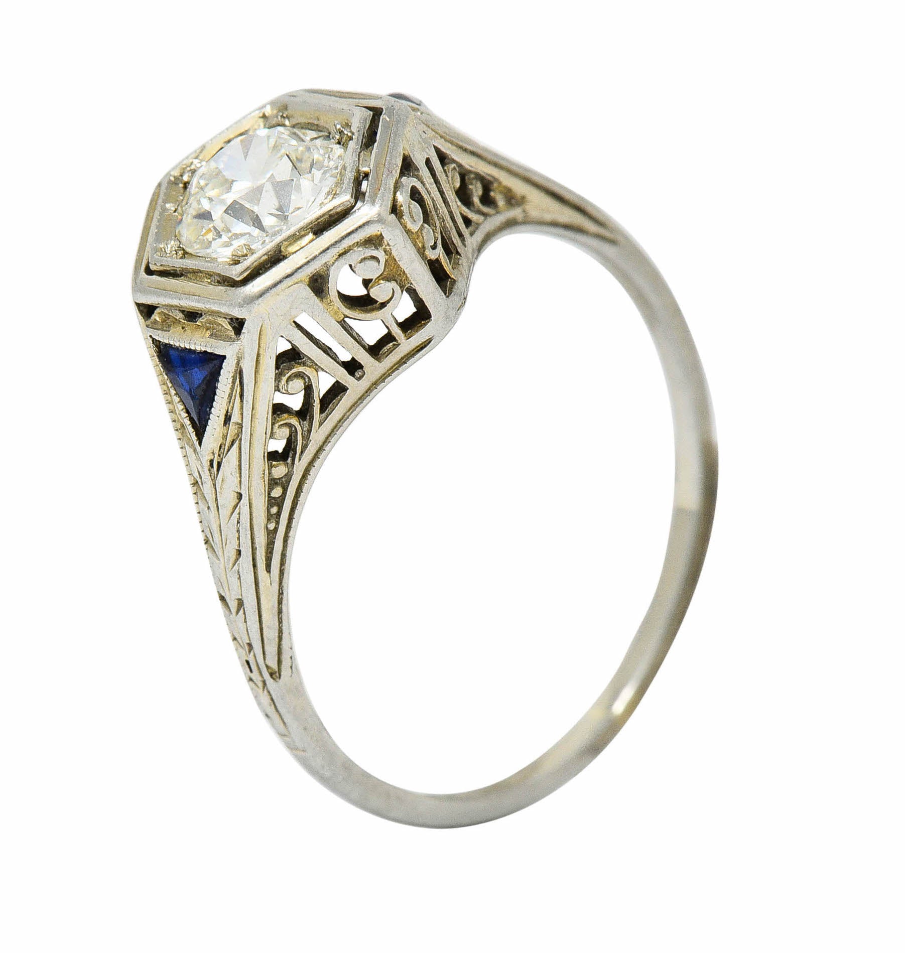 Art Deco 0.55 CTW Diamond Sapphire 18 Karat White Gold Hexagonal RingRing - Wilson's Estate Jewelry