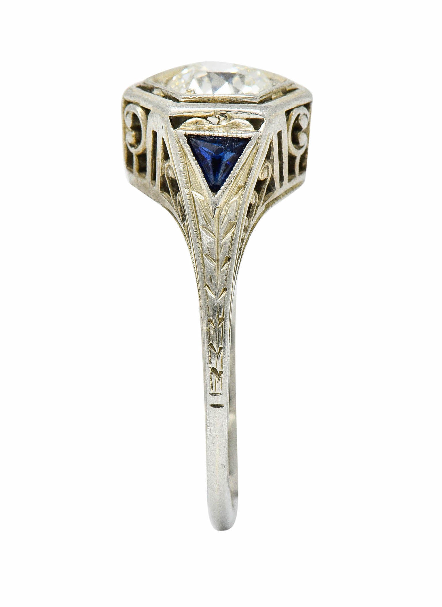 Art Deco 0.55 CTW Diamond Sapphire 18 Karat White Gold Hexagonal RingRing - Wilson's Estate Jewelry