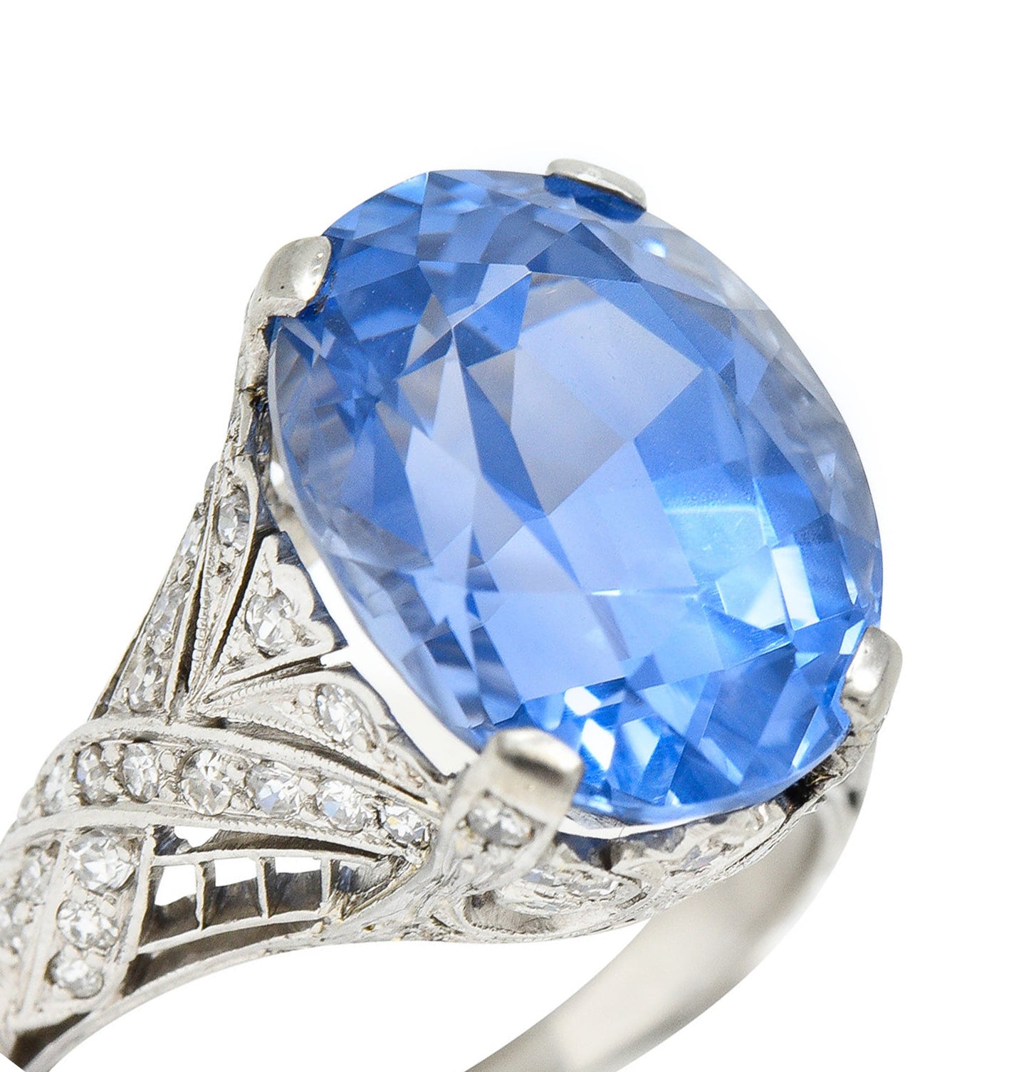 Edwardian 12.02 CTW No Heat Ceylon Sapphire Diamond Platinum Statement Ring GIARing - Wilson's Estate Jewelry