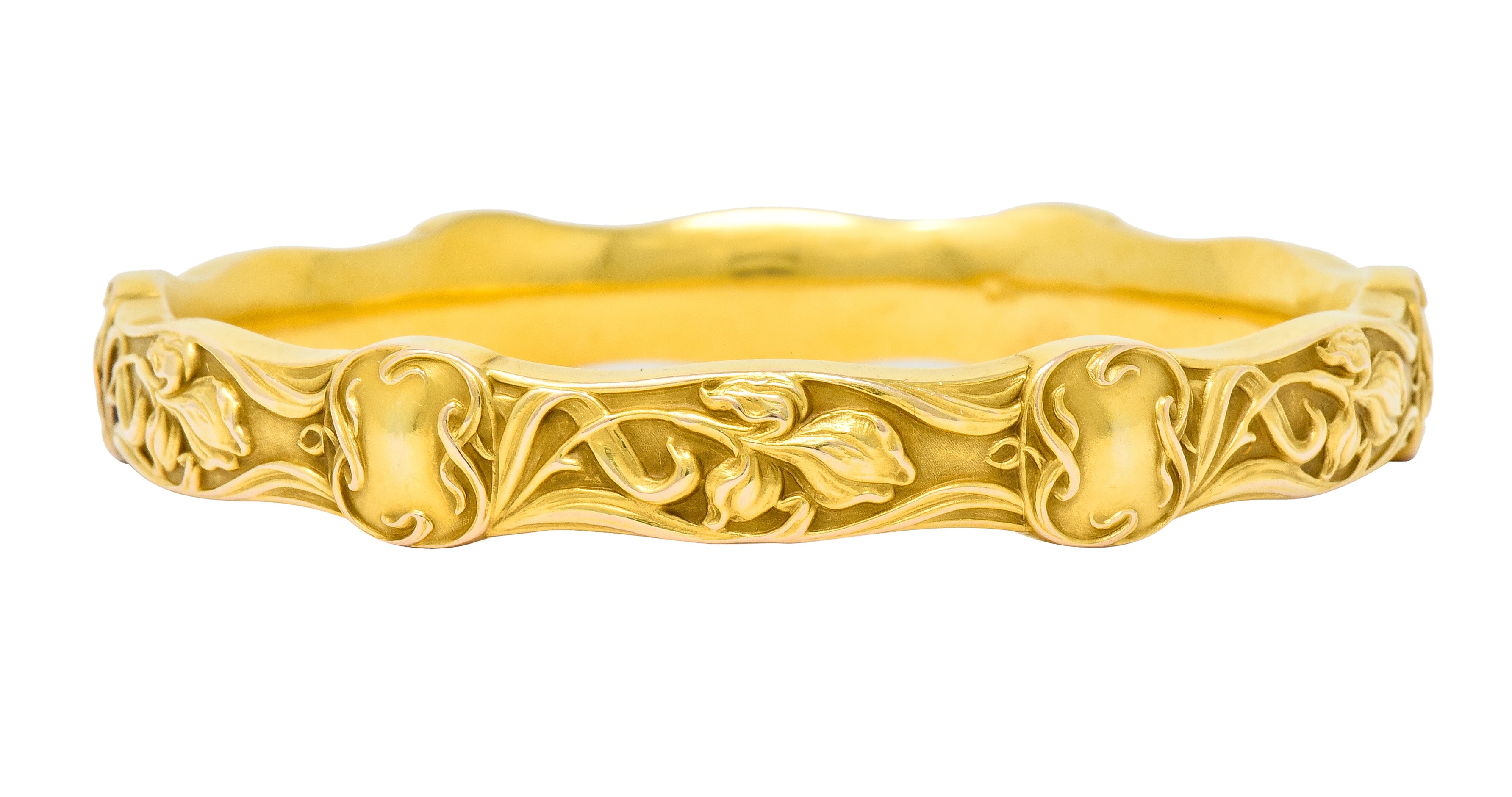 Riker Brothers Art Nouveau 14 Karat Gold Iris Flower Bangle Bracelet - Wilson's Estate Jewelry