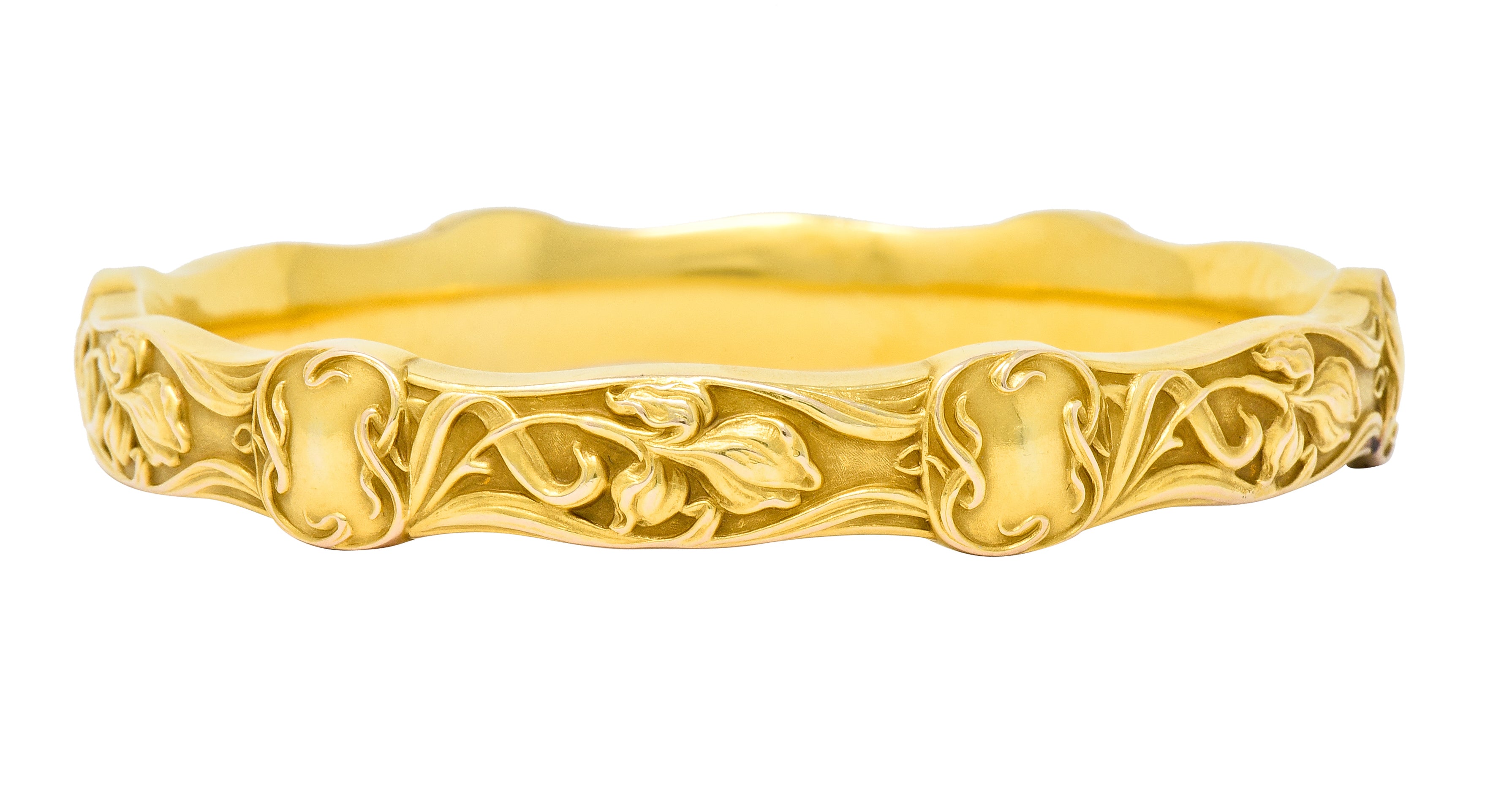 Riker Brothers Art Nouveau 14 Karat Gold Iris Flower Bangle Bracelet - Wilson's Estate Jewelry