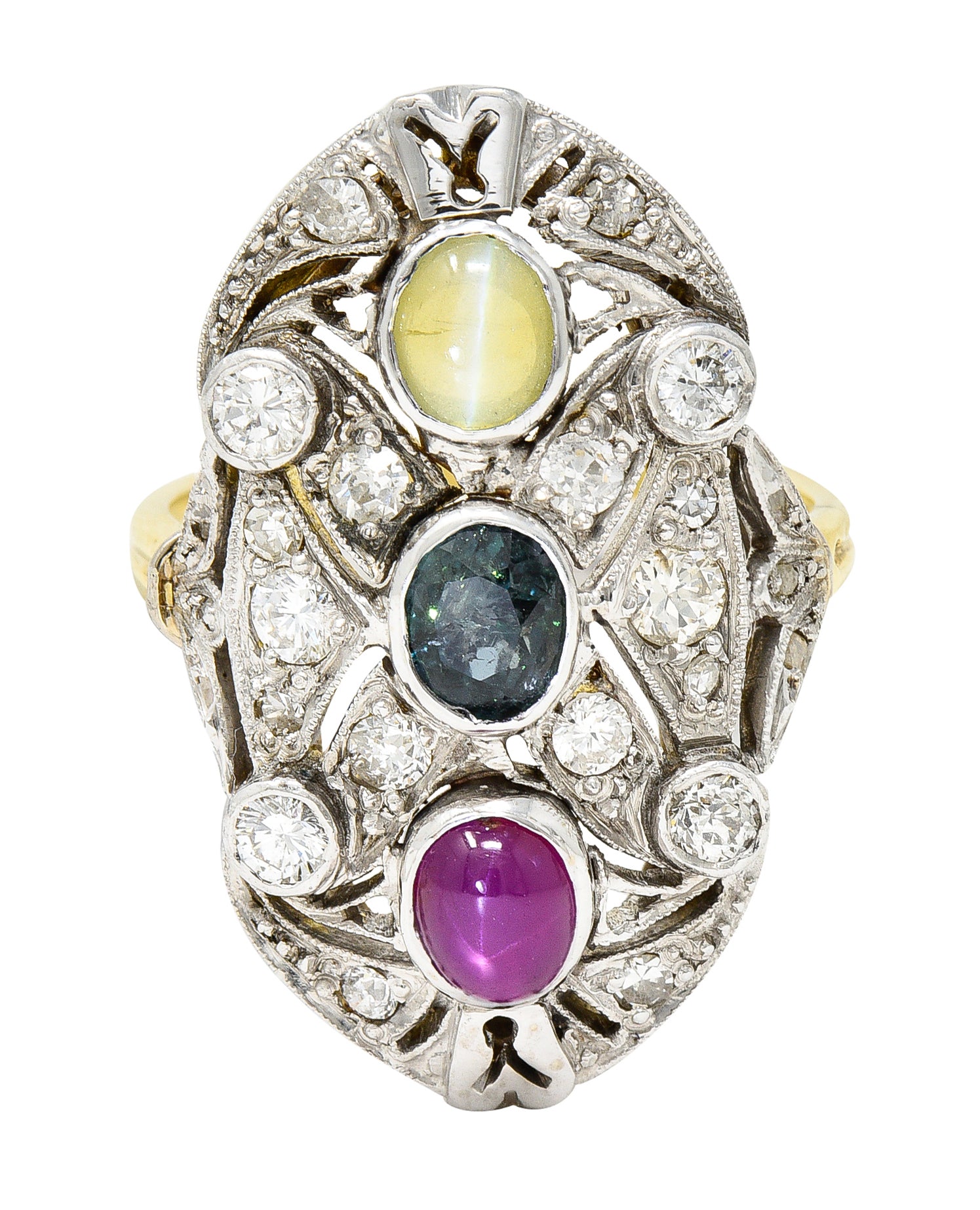 Edwardian Cat's Eye Chrysoberyl Star Ruby Alexandrite Diamond Platinum-Topped 20 Karat Gold Dinner Ring Wilson's Estate Jewelry