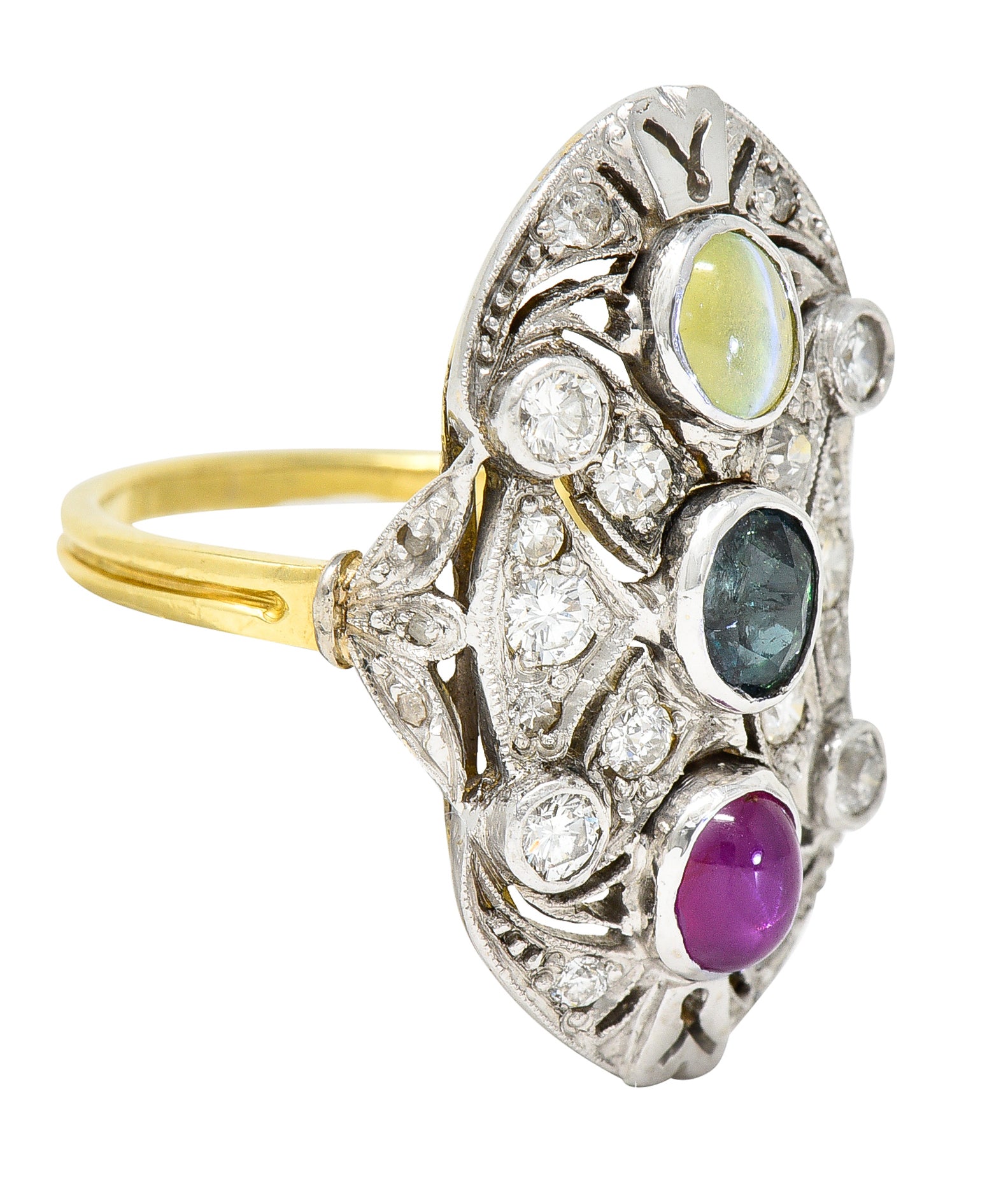 Edwardian Cat's Eye Chrysoberyl Star Ruby Alexandrite Diamond Platinum-Topped 20 Karat Gold Dinner Ring Wilson's Estate Jewelry