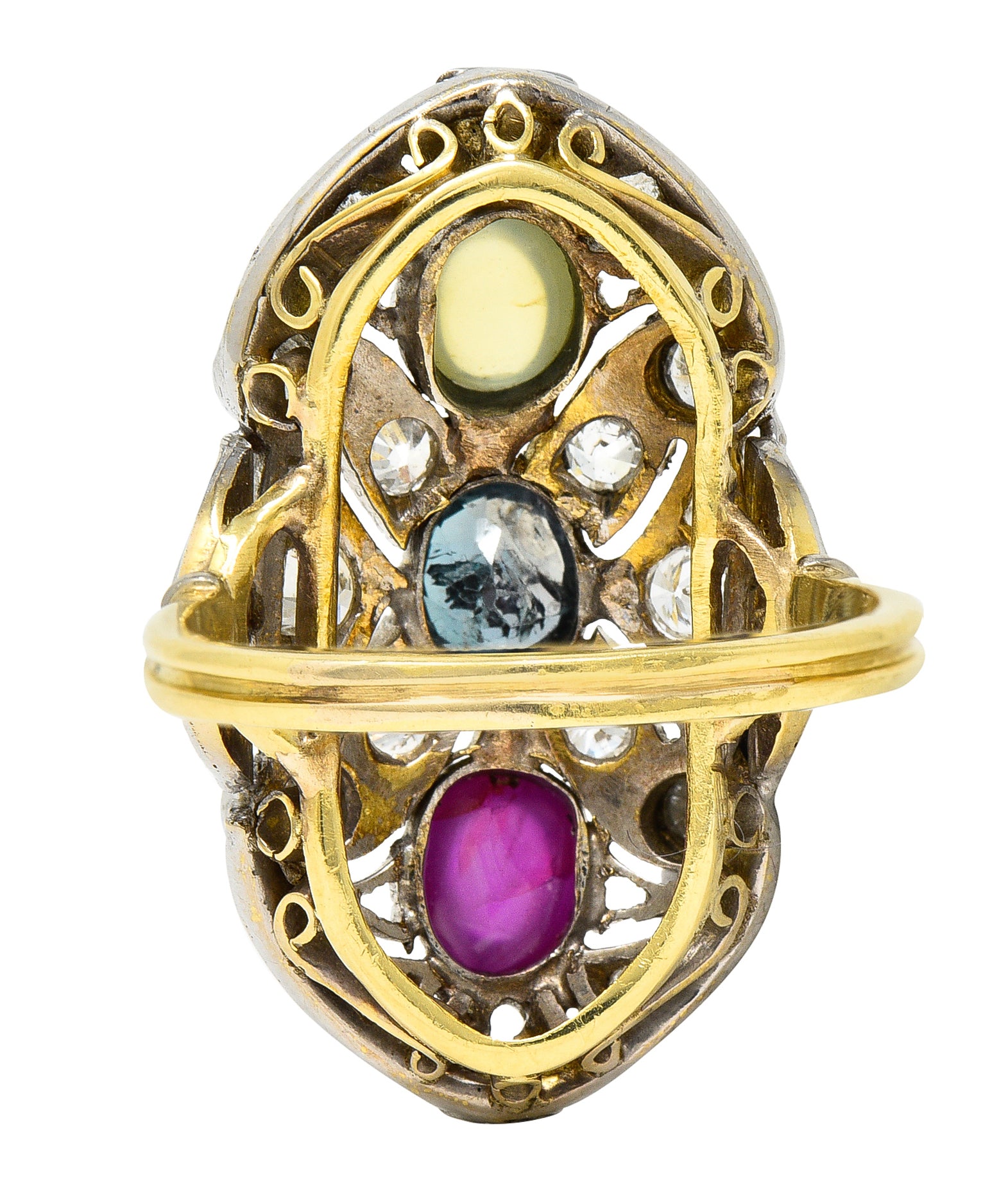 Edwardian Cat's Eye Chrysoberyl Star Ruby Alexandrite Diamond Platinum-Topped 20 Karat Gold Dinner Ring Wilson's Estate Jewelry