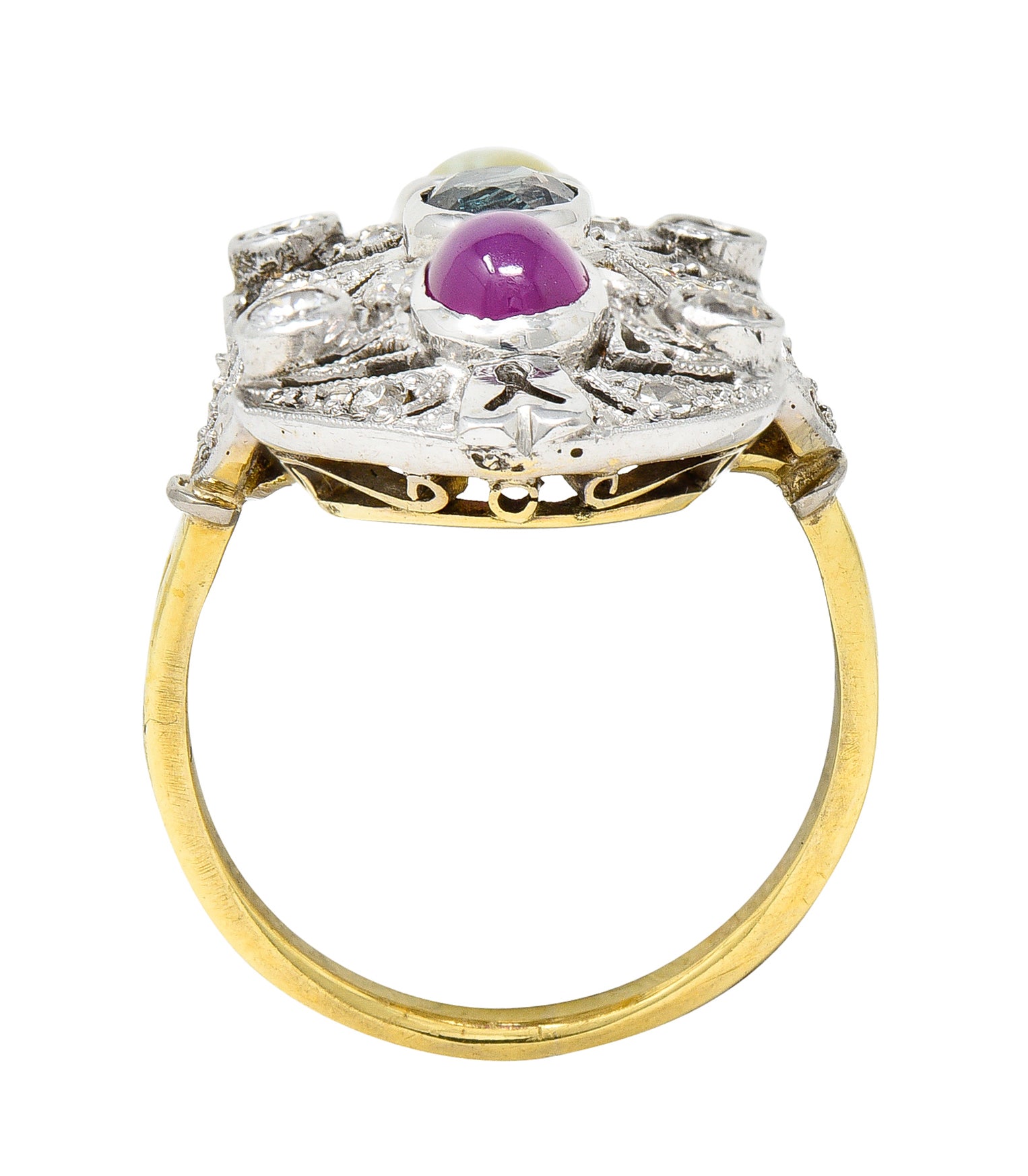 Edwardian Cat's Eye Chrysoberyl Star Ruby Alexandrite Diamond Platinum-Topped 20 Karat Gold Dinner Ring Wilson's Estate Jewelry