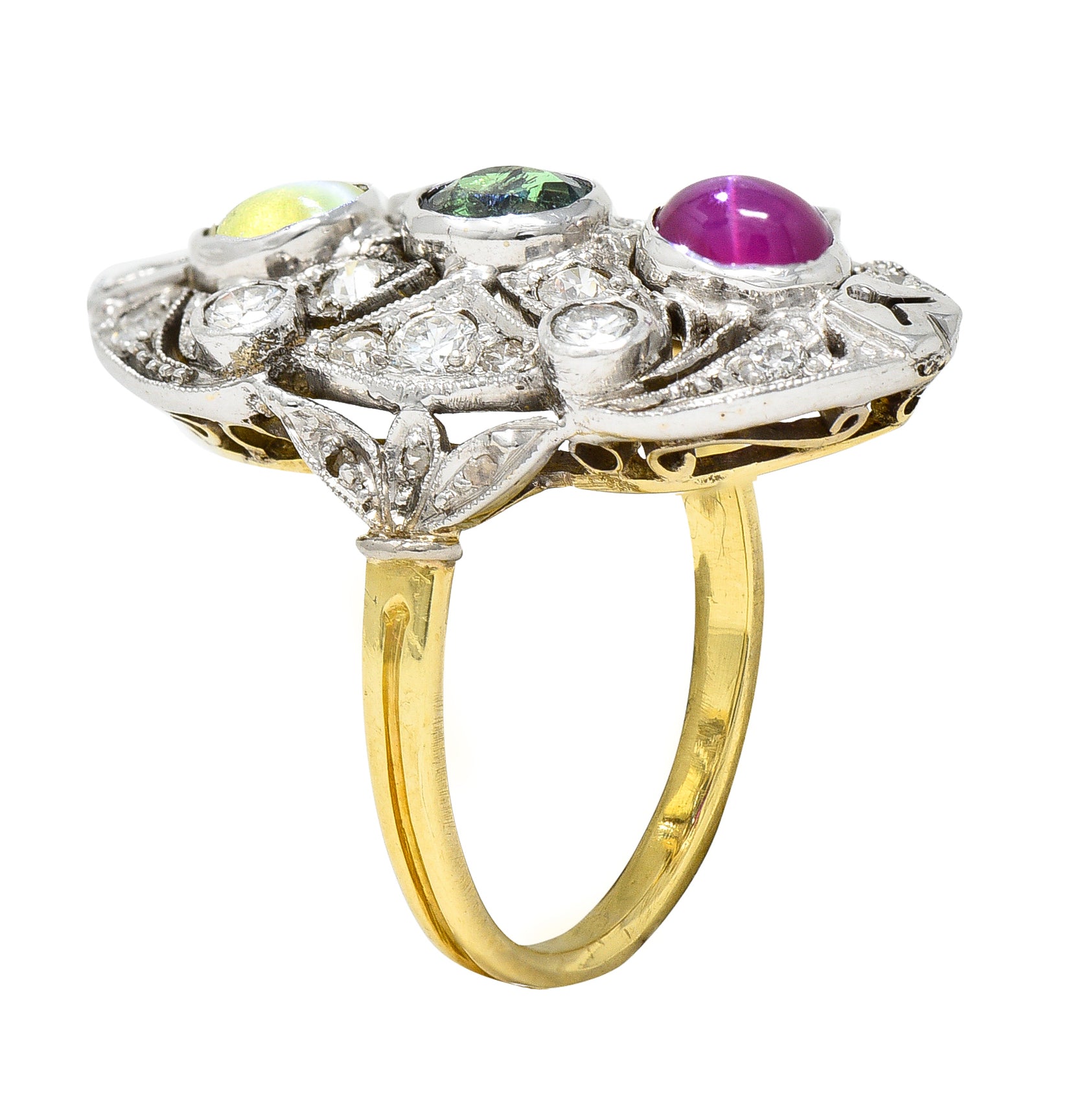 Edwardian Cat's Eye Chrysoberyl Star Ruby Alexandrite Diamond Platinum-Topped 20 Karat Gold Dinner Ring Wilson's Estate Jewelry