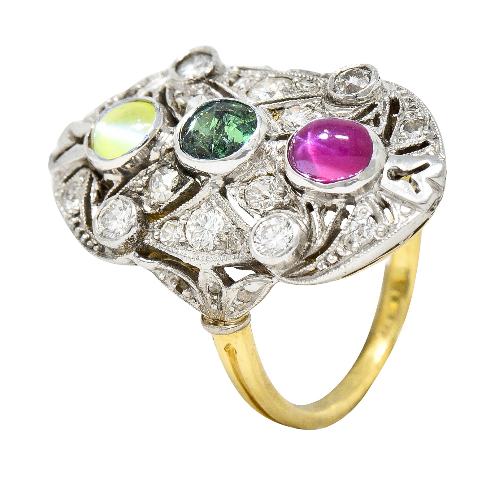 Edwardian Cat's Eye Chrysoberyl Star Ruby Alexandrite Diamond Platinum-Topped 20 Karat Gold Dinner Ring Wilson's Estate Jewelry