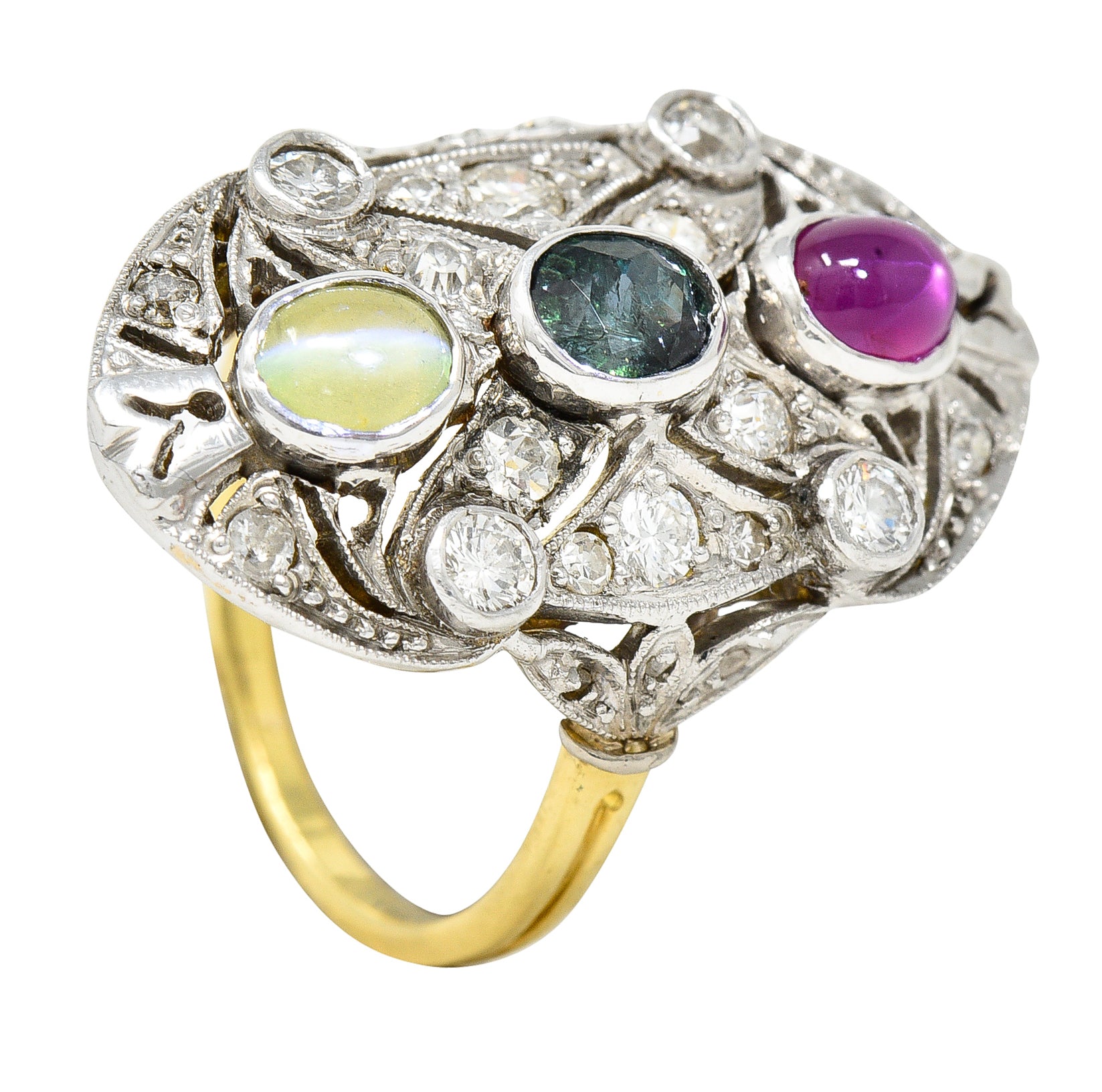 Edwardian Cat's Eye Chrysoberyl Star Ruby Alexandrite Diamond Platinum-Topped 20 Karat Gold Dinner Ring Wilson's Estate Jewelry